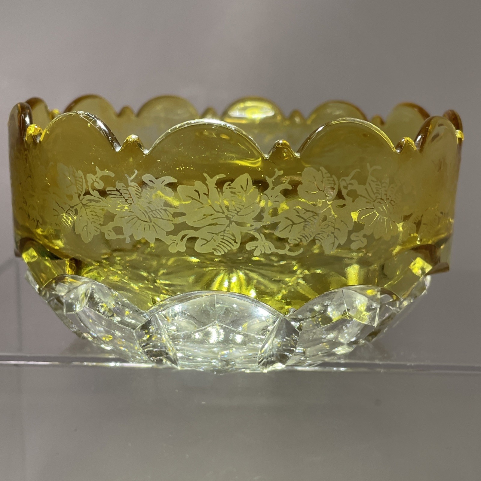 Antique Hobbs Glass Co Hexagon Block 1889 EAPG Yellow to Clear Etched #335 4.25”