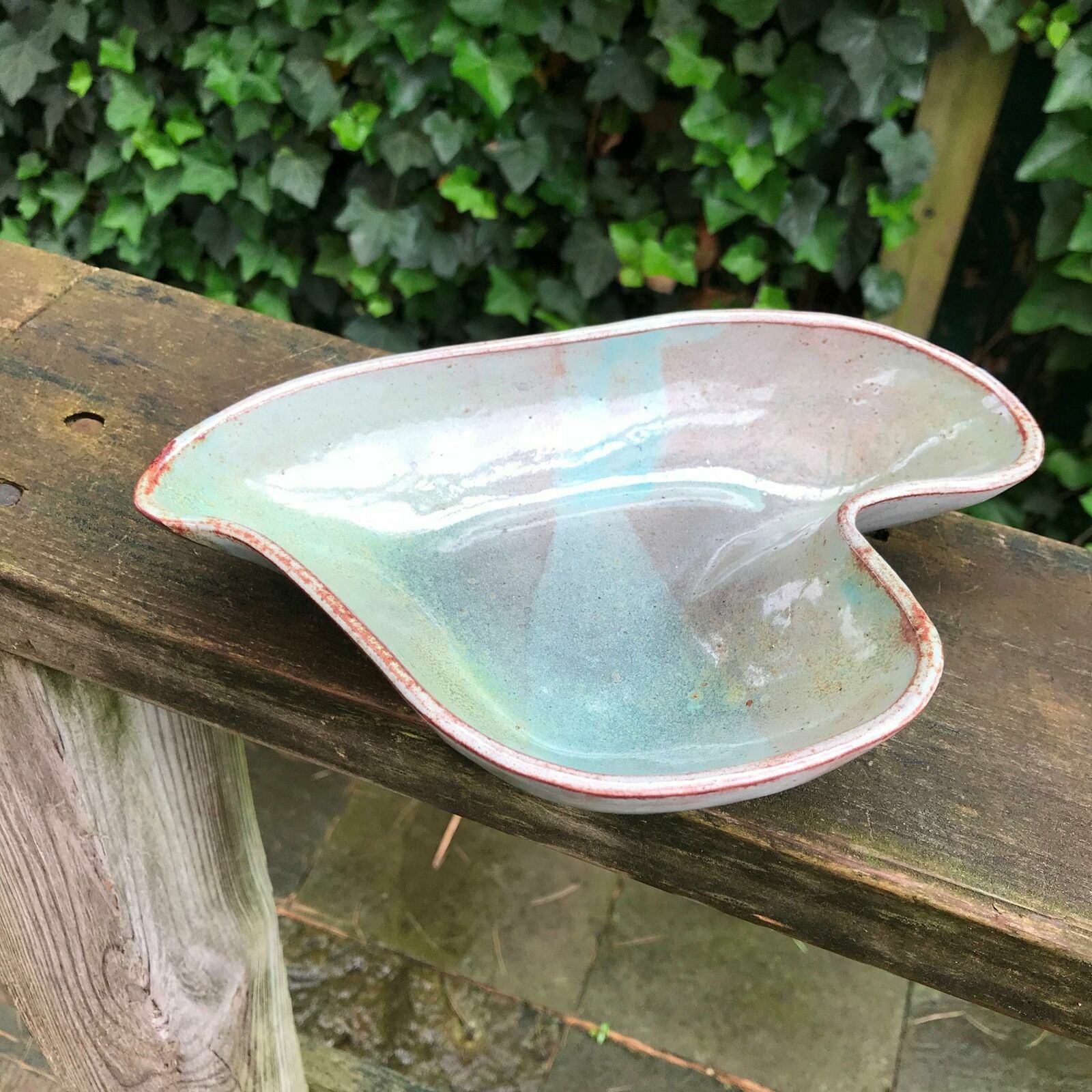 9″ Vintage Pottery Bowl Leaf Form Amoeba Shape Light Sage Green Art Studio