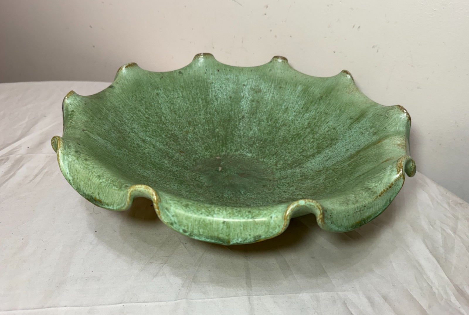 LARGE antique handmade North Carolina US green glaze centerpiece pottery bowl