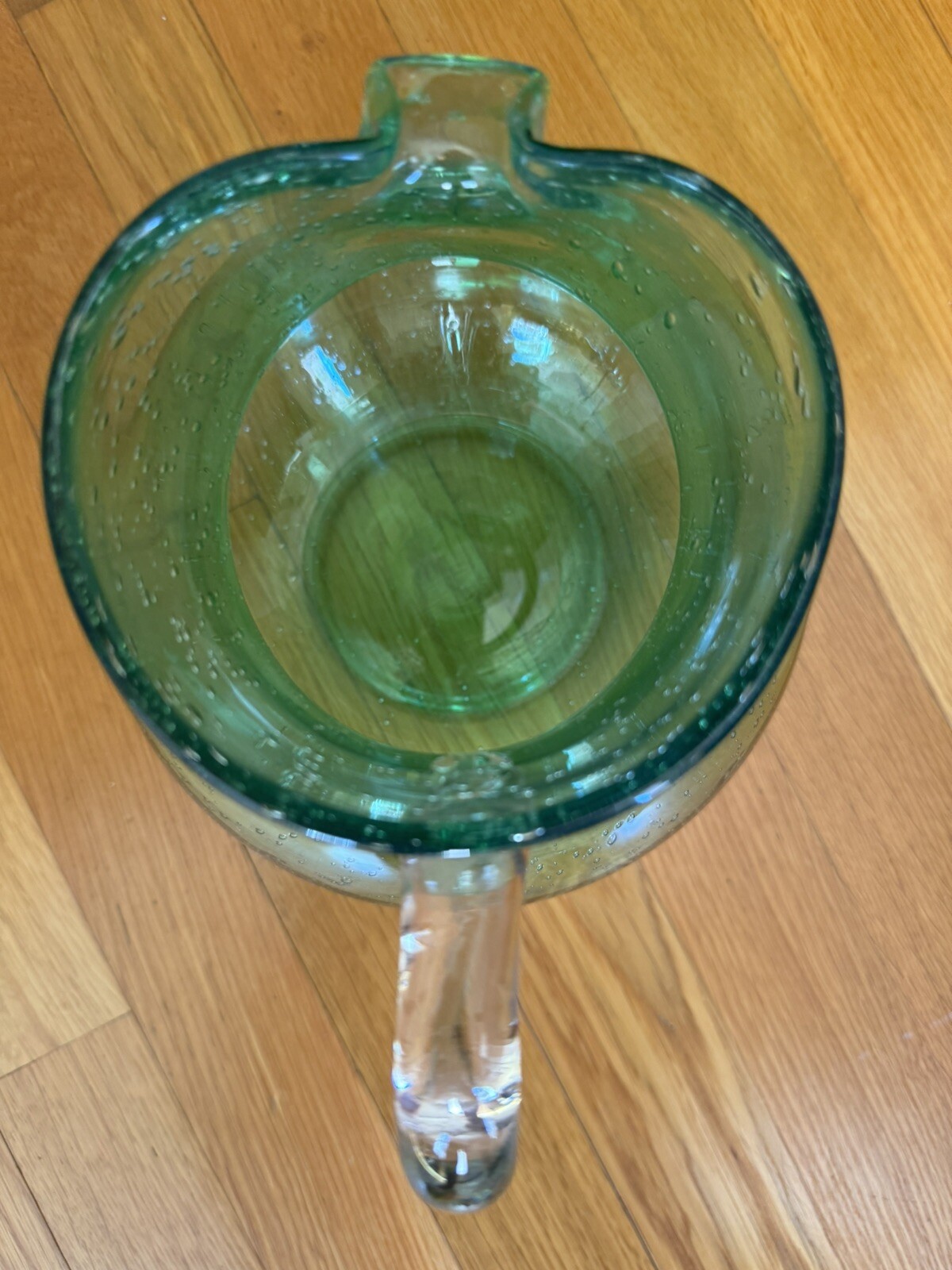END 7/23 Large Hand Blown Green Bubble Glass Pitcher Heavy Applied Handle Seeded