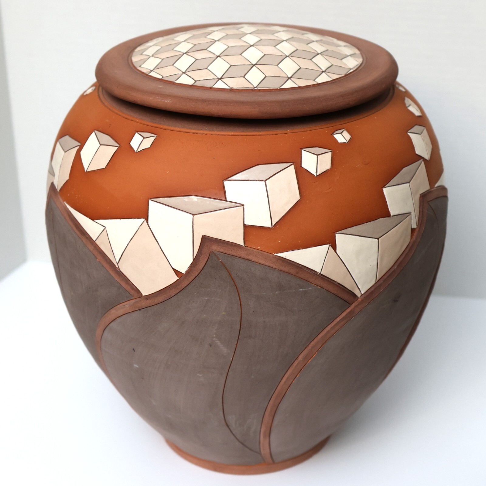 Don Cornett Lidded Pottery Optical Illusion Geometric Polychrome Signed 16″ High