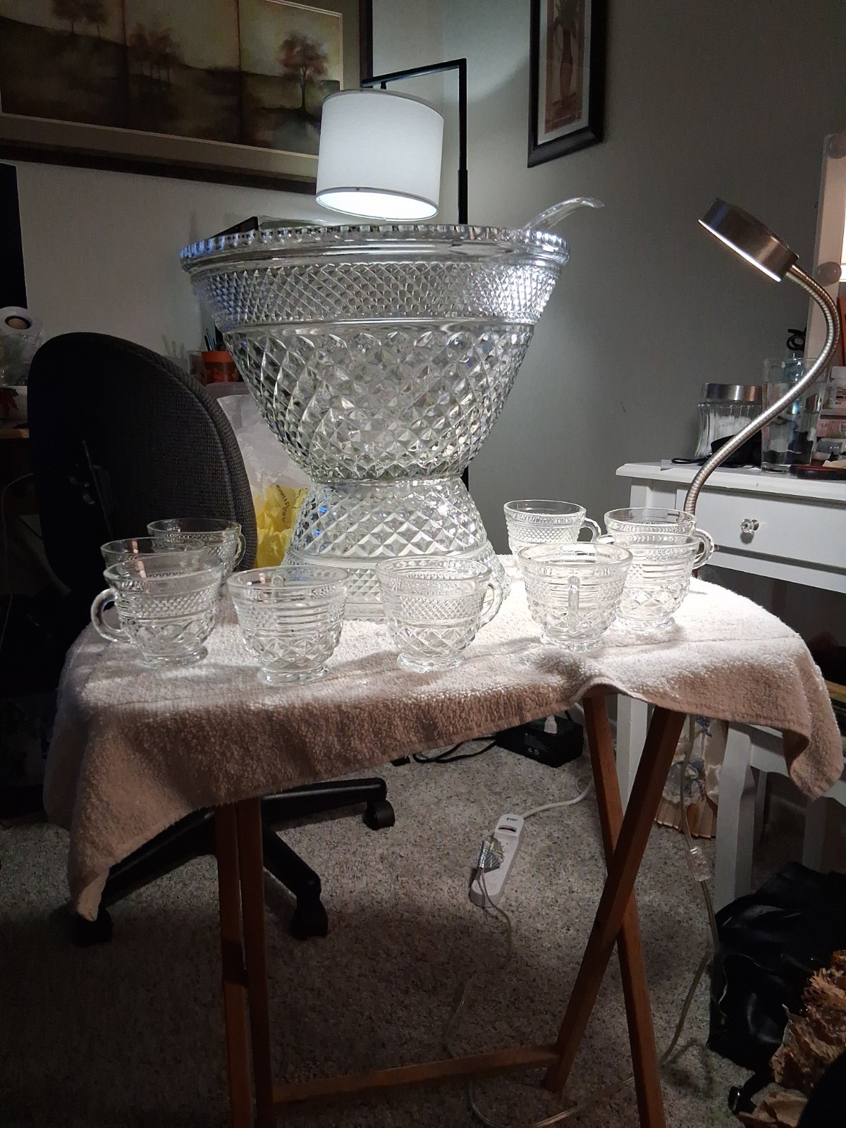 Vintage Anchor Hocking Wexford Glass Punch Bowl & Stand