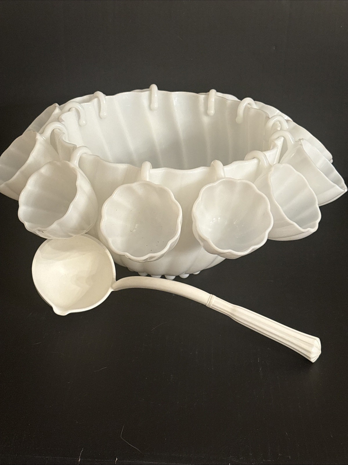 Vtg Hazel Atlas Milk Glass Alpine White Swirl Punch Bowl 12 Cups W Vtg Ladle