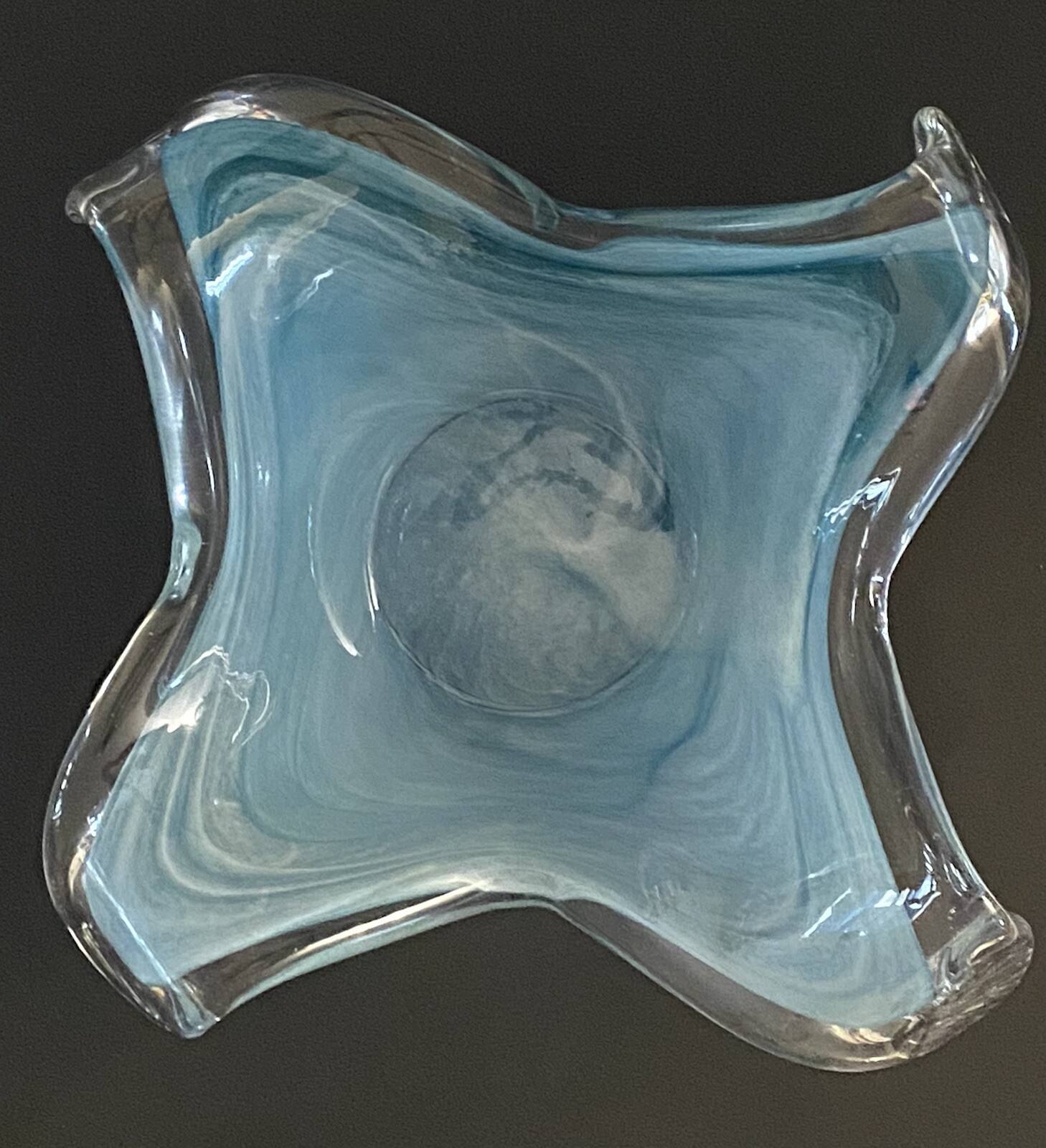 Murano Lavorazione Arte Hand-blown Teal Green/Blue Art Glass Dish Italy