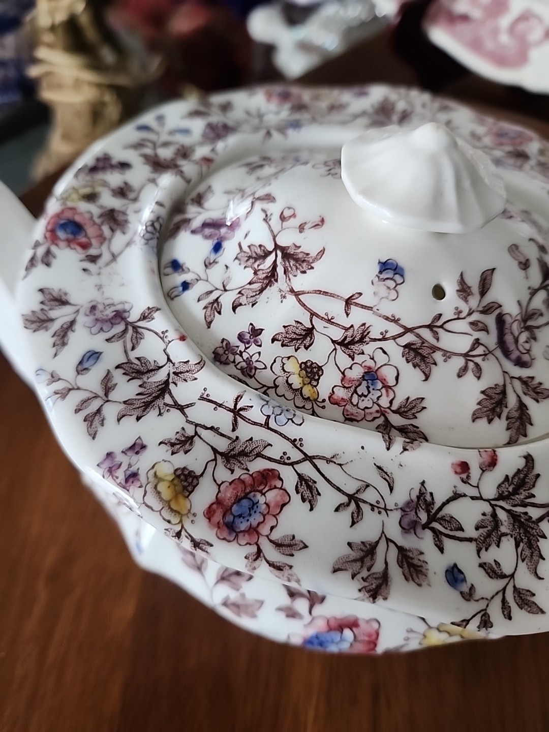 19thc Antique Brown Transferware Polychrome Porcelain Teapot
