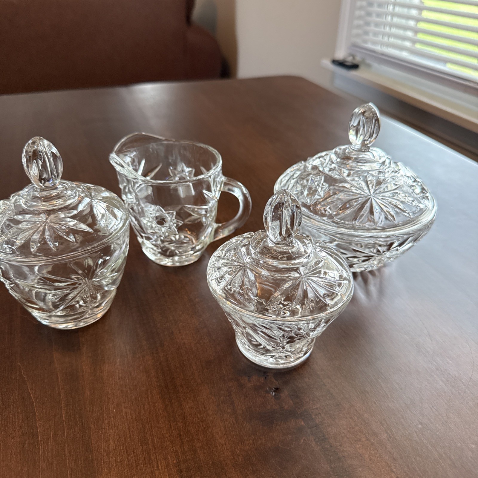 Crystal Creamer and Sugar Bowl Set & 2 small candy dishes with lids