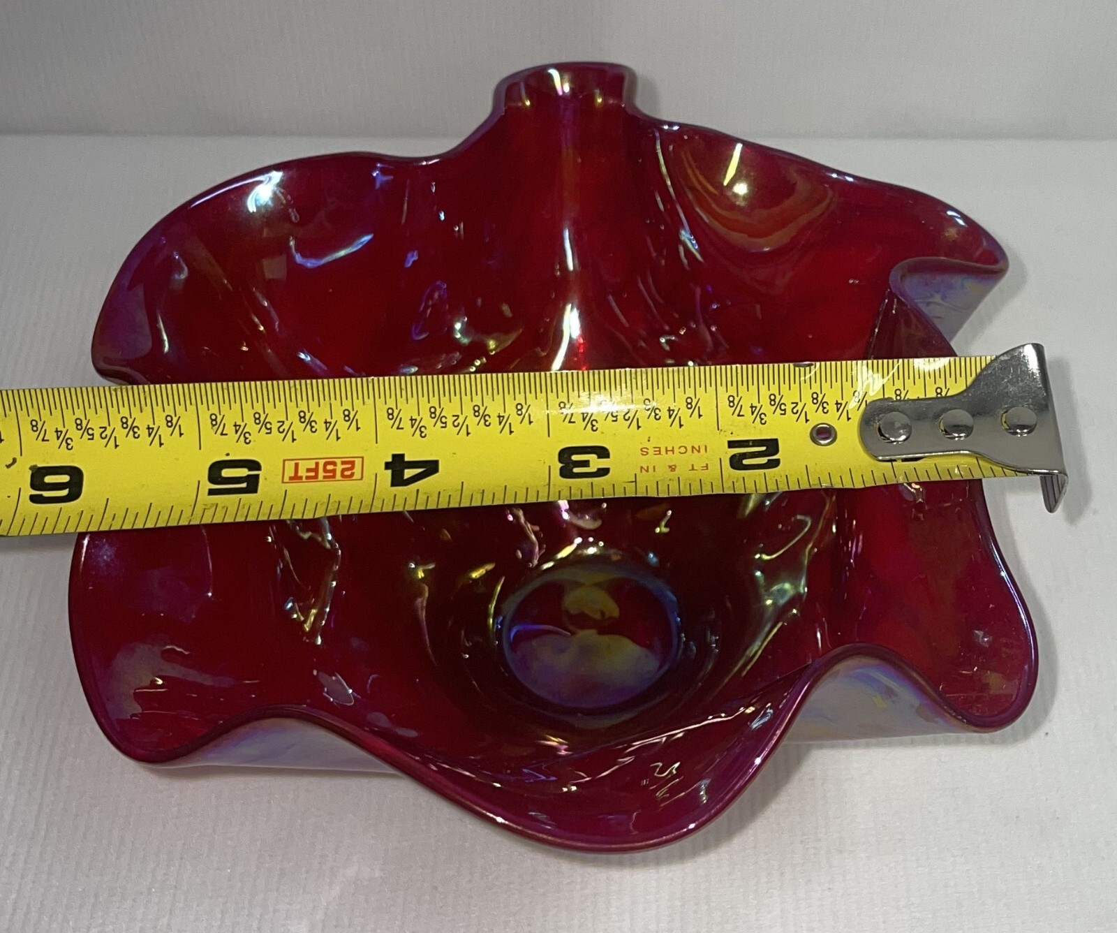 Hand Blown Wavy Edge Iridescent Carnival Glass Bowl Pontil Mark 3 1/2 Inches