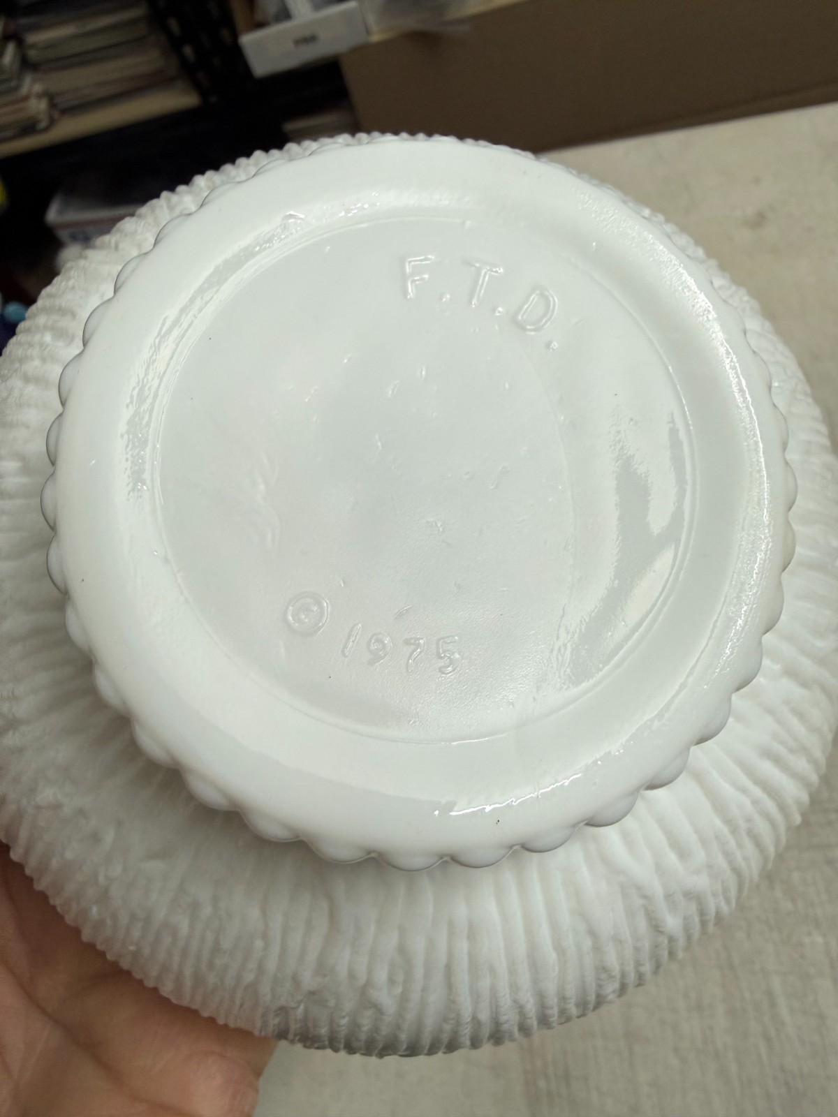 Vintage 1975 F.T.D. White Milk Glass Planter Bowl Textured Bark Pattern