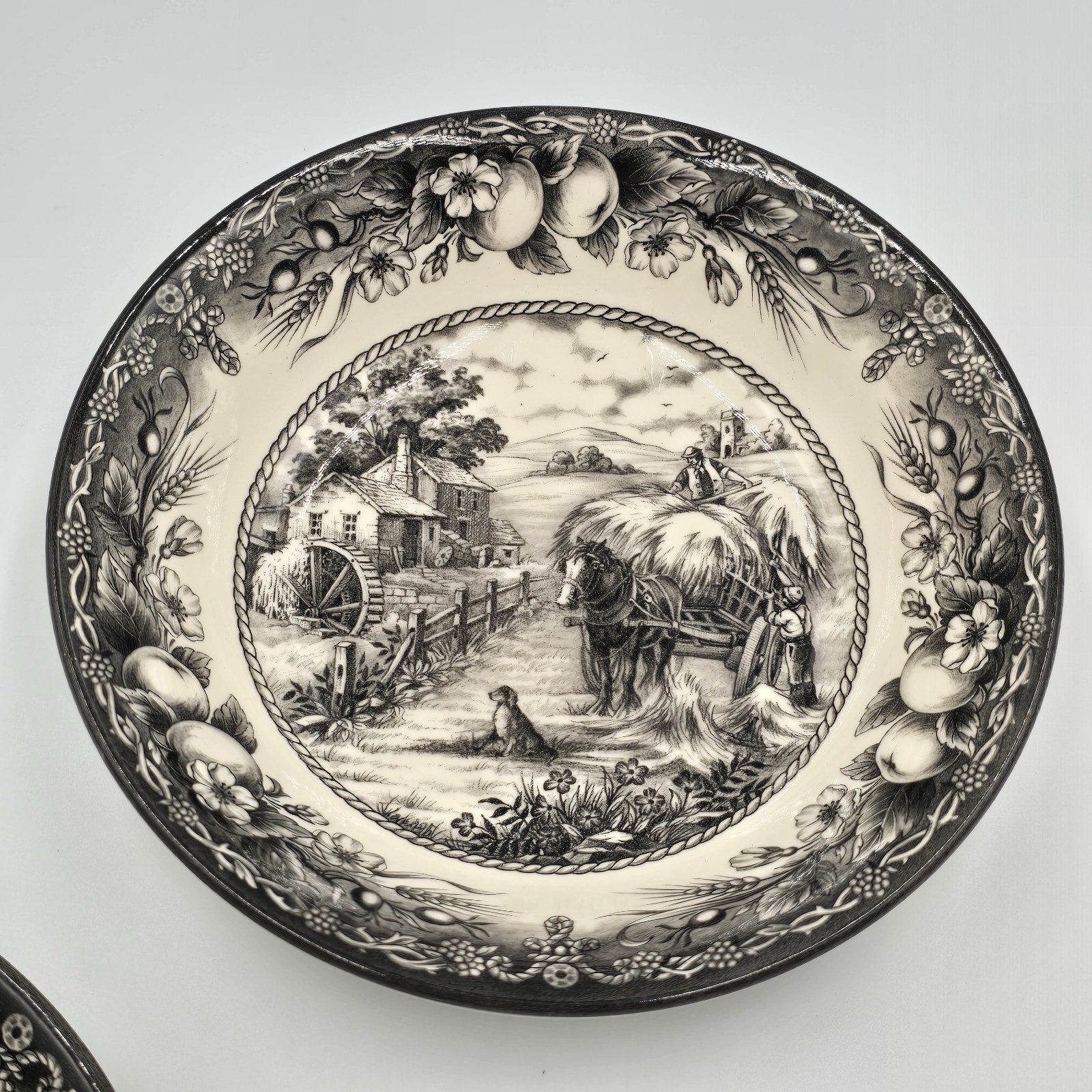 Royal Stafford Black White Transferware Bowl Harvest Scene Made in England 6.5in