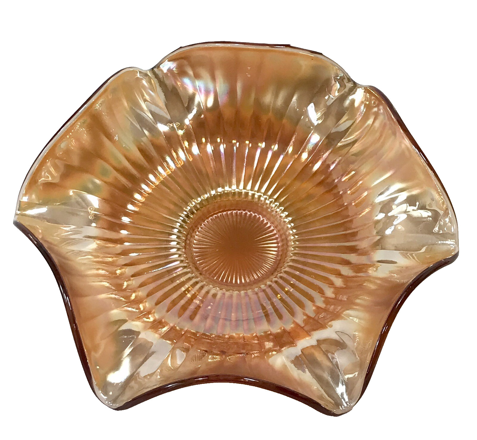 Westmoreland Carnival Glass Bowl Marigold Smooth Rays 9.25″ Six Ruffled Rim W51