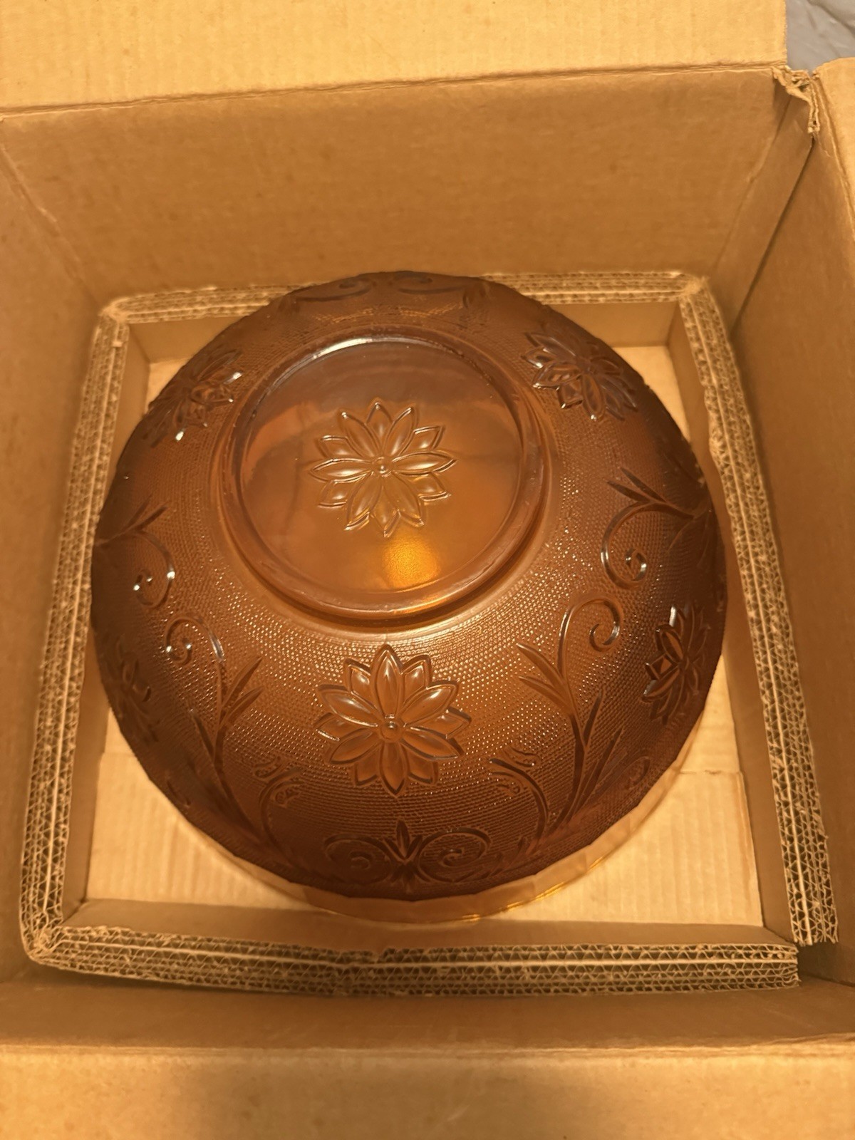 Tiara Indiana Glass Amber Flower Pattern Punch Bowl 12 Cups Party Set