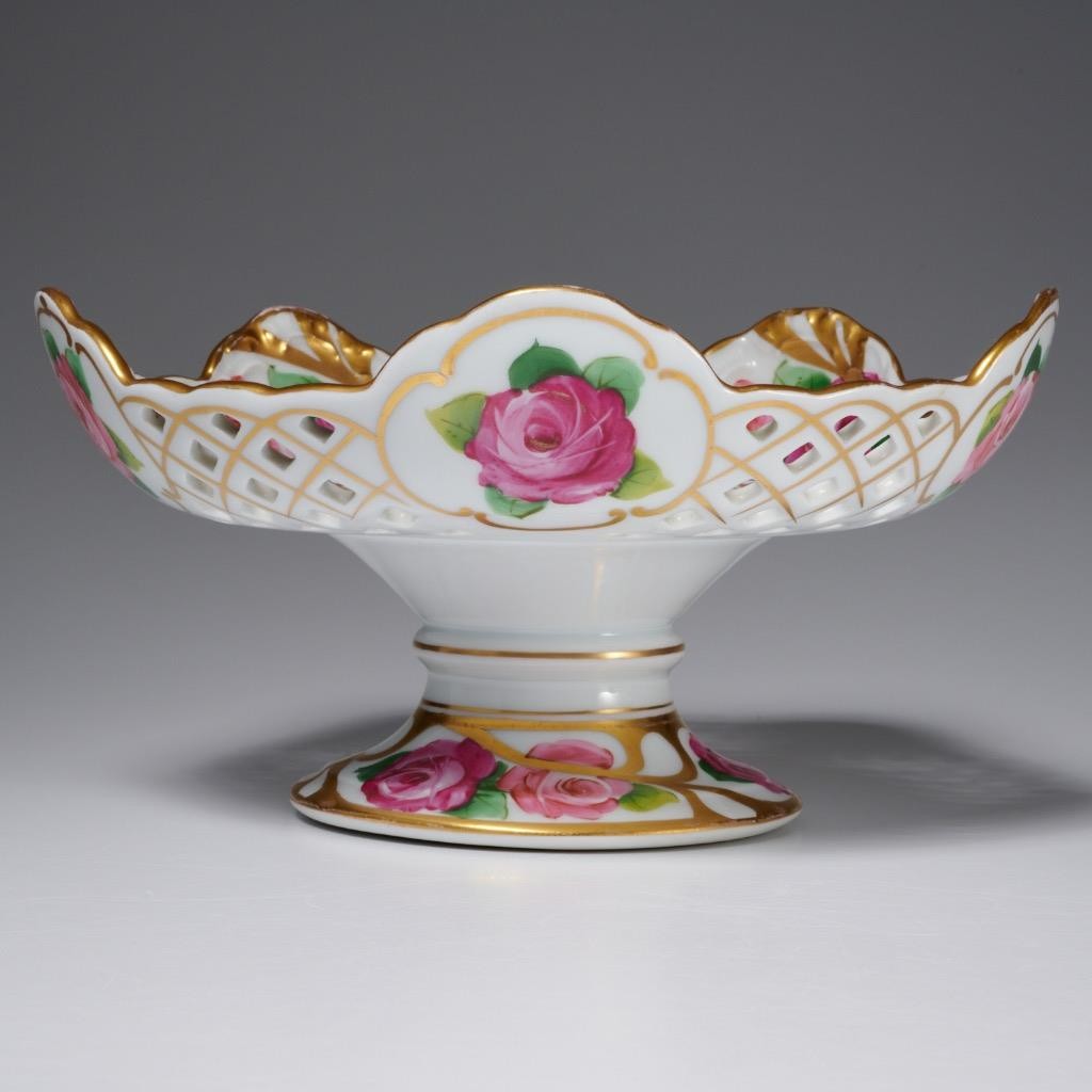 Saxe Germany Reticulated Pink Rose Porcelain Pedestal Compote Bowl Dish 9″ Pair