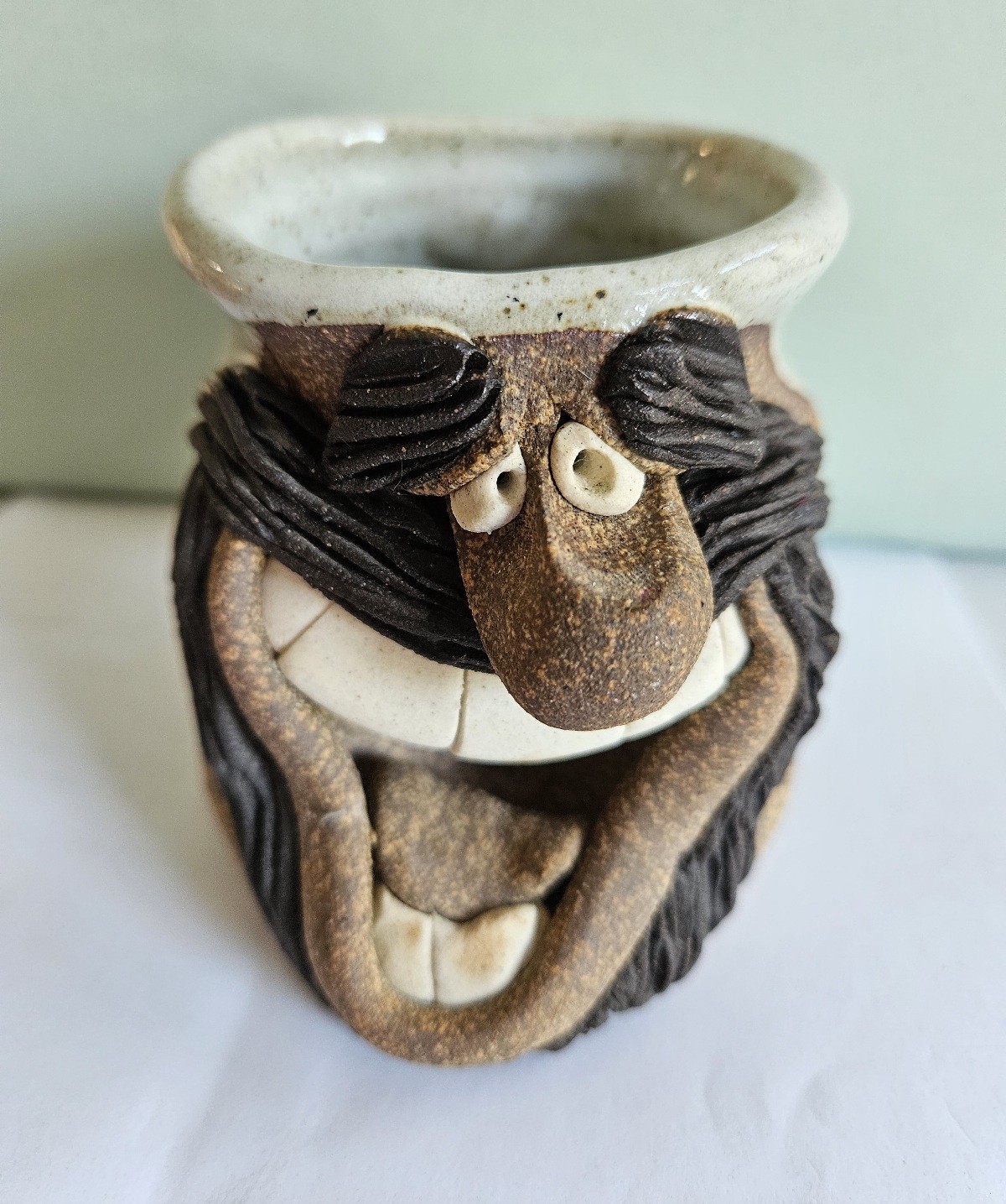 Vintage Ugly Face Mug Handmade Pottery 3D Funny Smile Coffee Cup