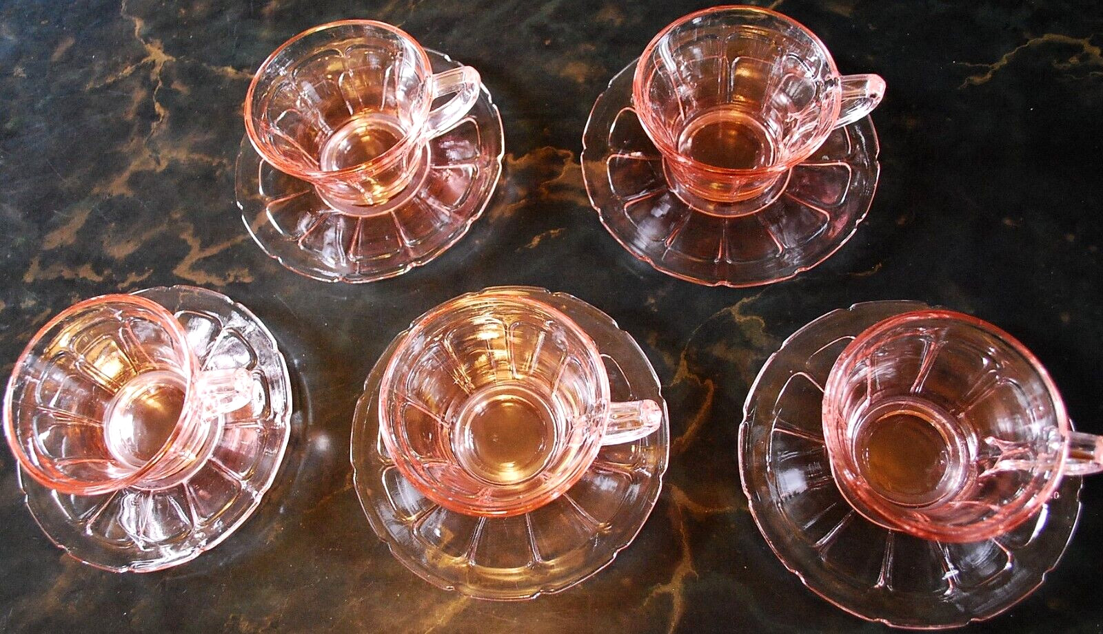 Vtg Set 5 ‘VICTORY’ PINK DEPRESSION GLASS Cups/Matching Saucers c1930 By Diamond