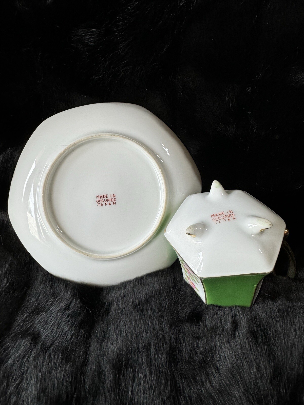 Green Floral Occupied Japan 3 Footed Hexagon Demitasse Tea Cup & Saucer