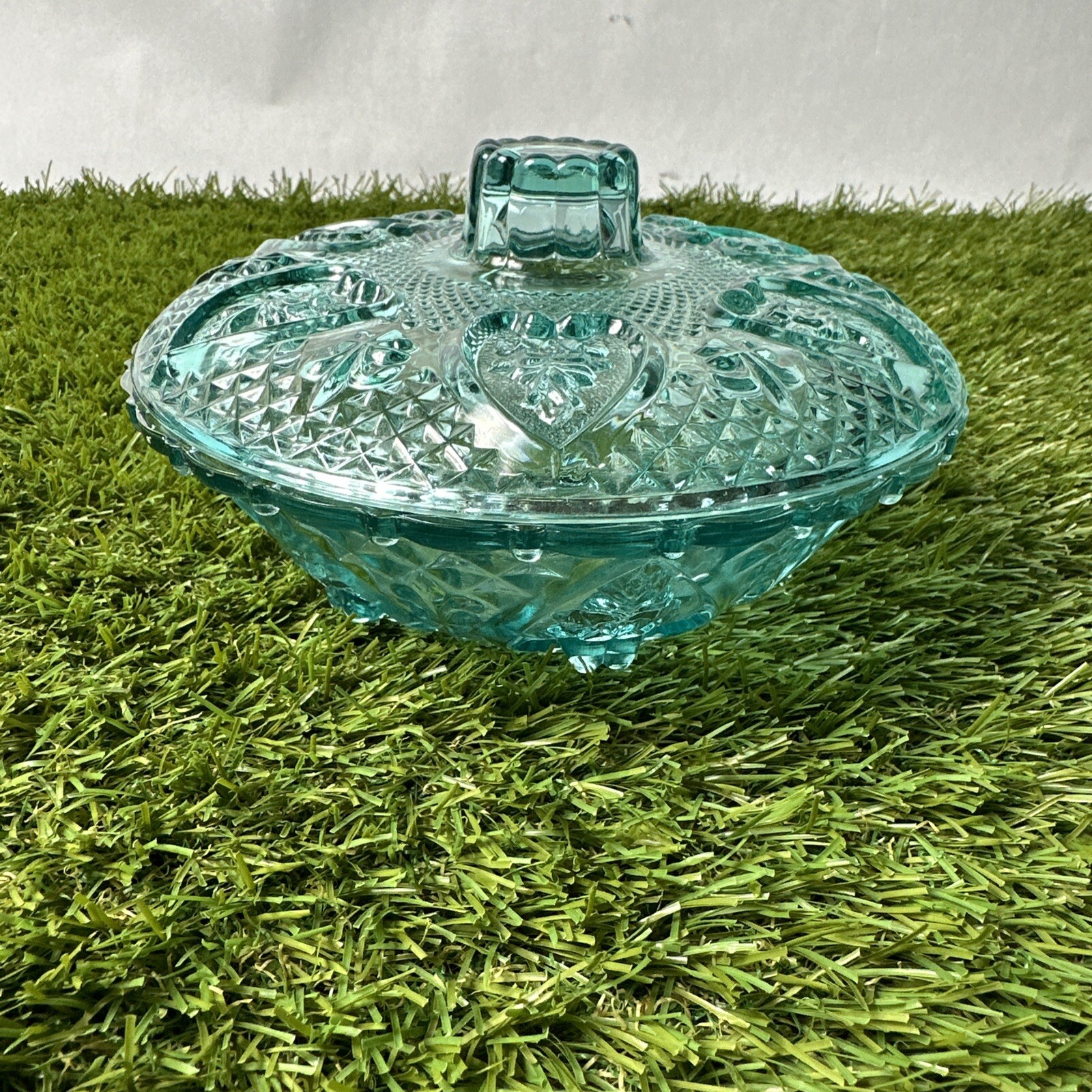 KIG Indonesia Turquoise Blue Candy Dish Pressed Beaded Glass Vintage MCM Roses