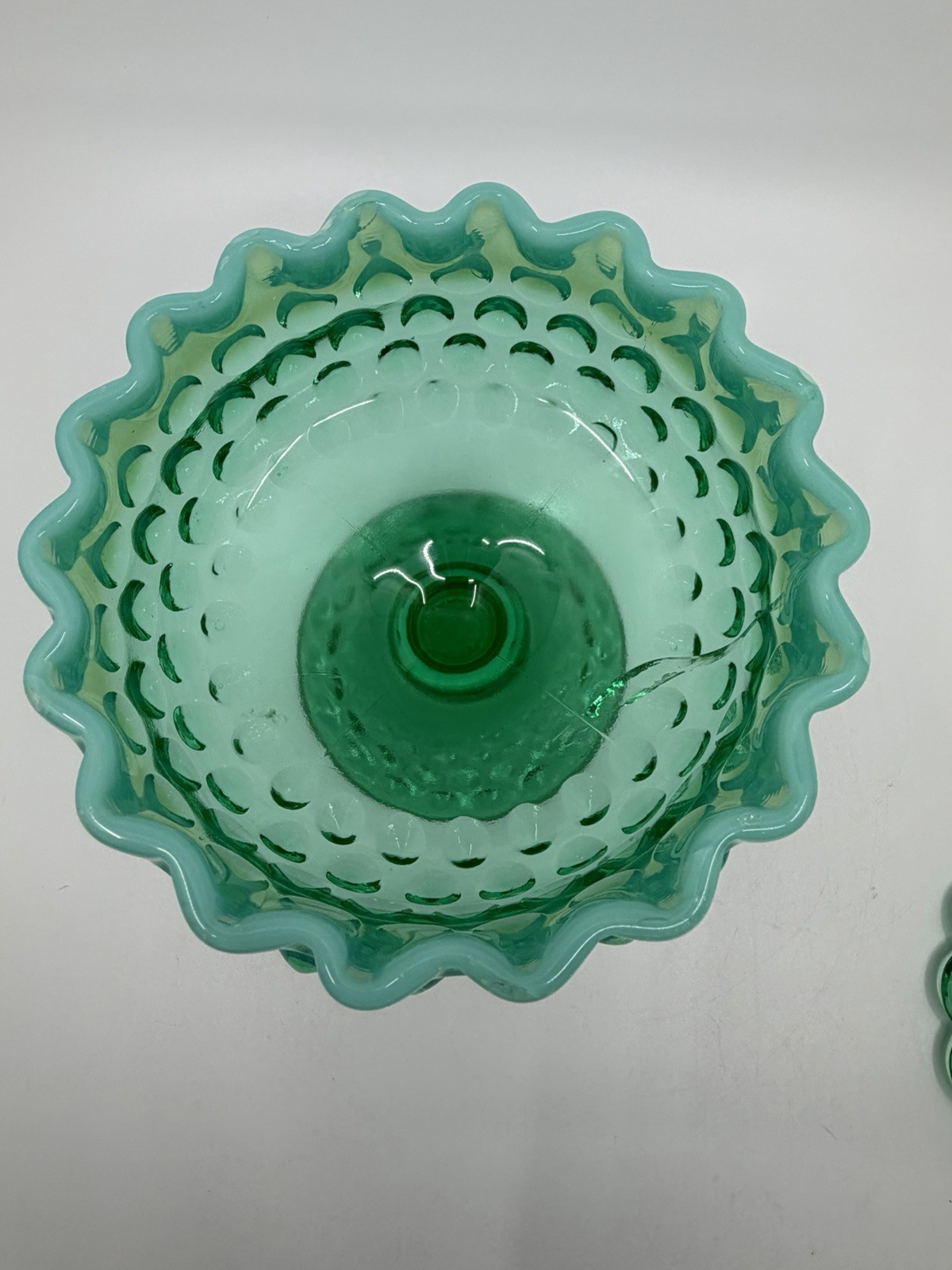 Vtg Fenton 1959 Emerald Green Opalescent Hobnail Lidded Candy Bowl Crack Glows