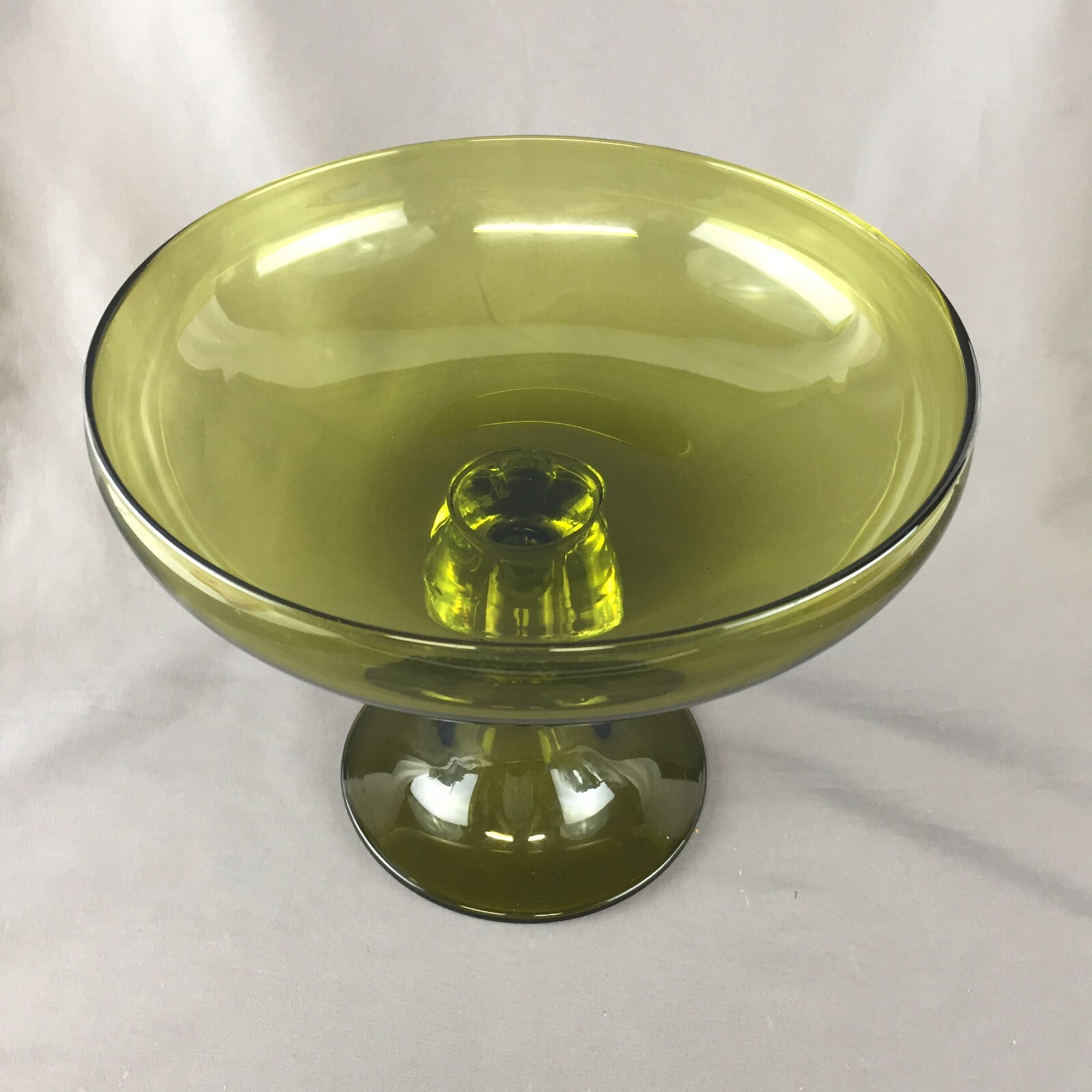 VTG Olive Green Footed Round Glass Compote Clear Stem 8 3/4″ Bowl, 7 1/2″ Tall