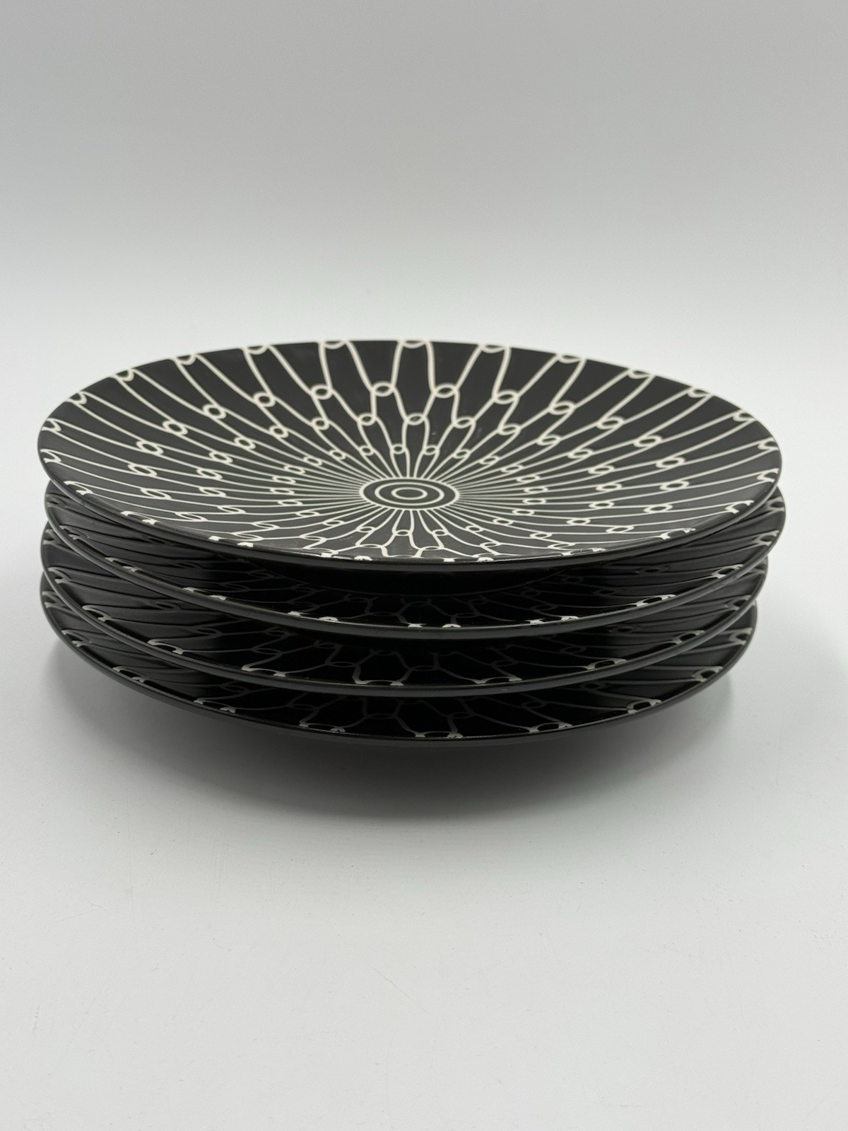 Black White Trellis Grid Pattern Ceramic 8” Four Dessert Appetizer Round Plates