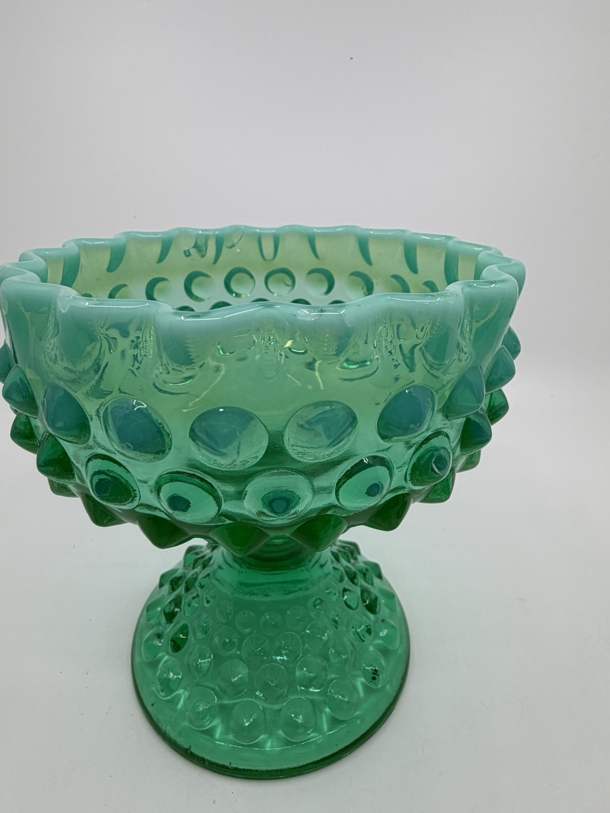 Vtg Fenton 1959 Emerald Green Opalescent Hobnail Lidded Candy Bowl Crack Glows