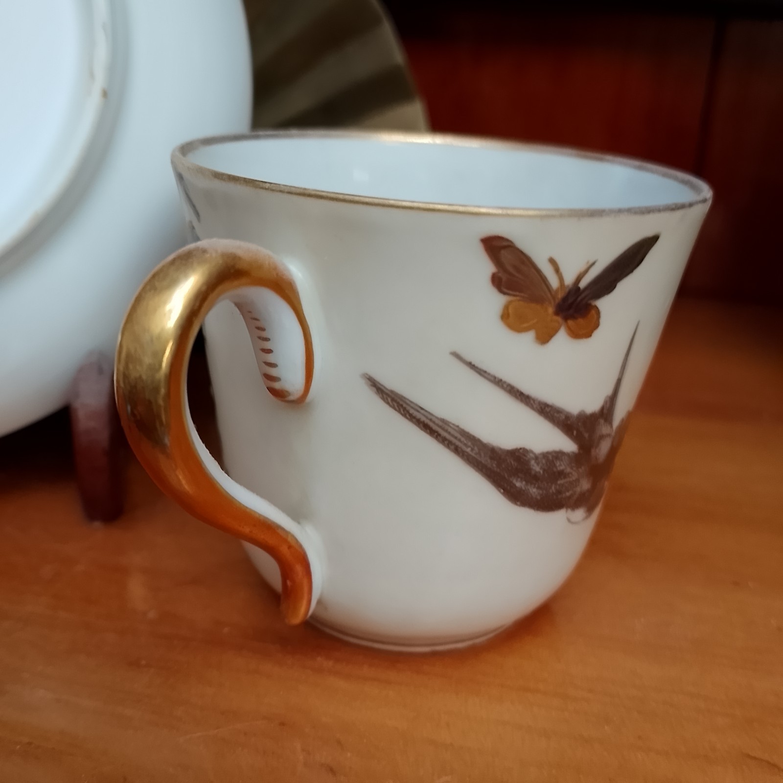 Fischer & Mieg Pirkenhammer Cup Saucer Birds BEES Hand-Painted 1890s C&S HTF