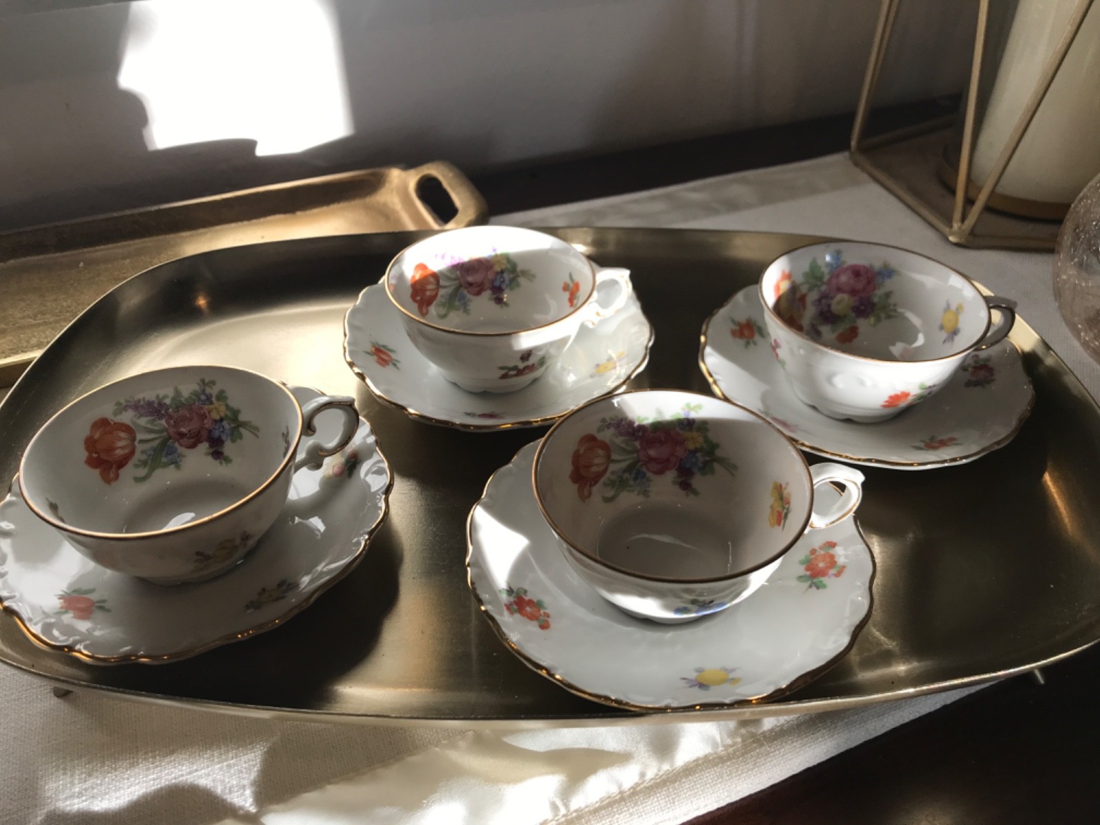 VTG Mitterteich Bavaria Meissen Floral Teacup & Saucer, Set of 4, Gold trim EUC