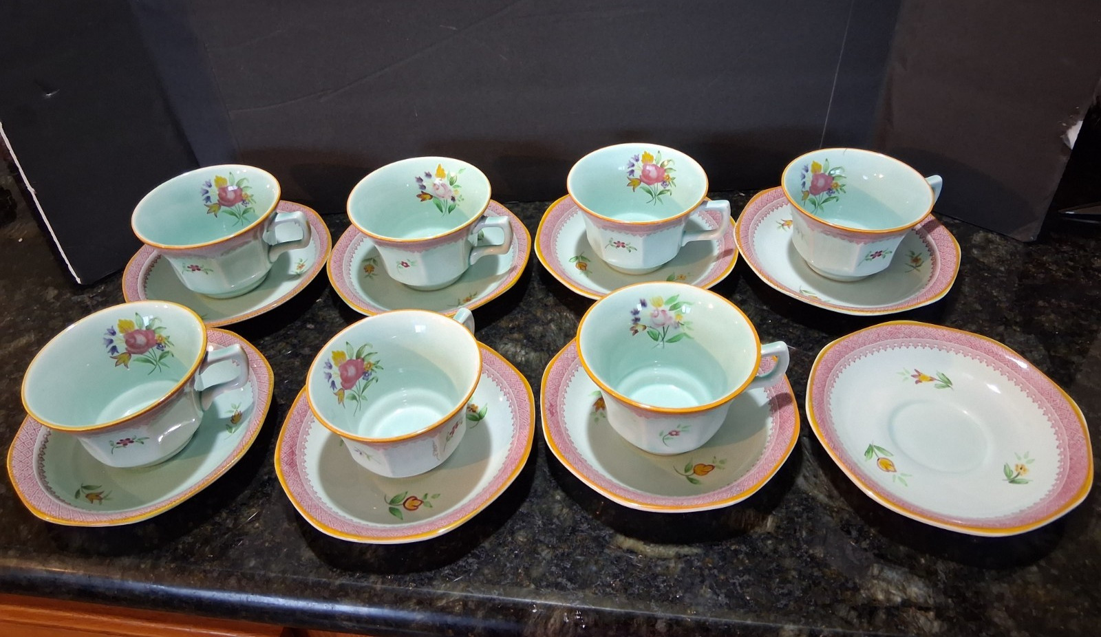 15pc Vntg Adams Calyx Ware Lowestoft Cup & Saucer Set Of 7 + 1 saucer, lt blue