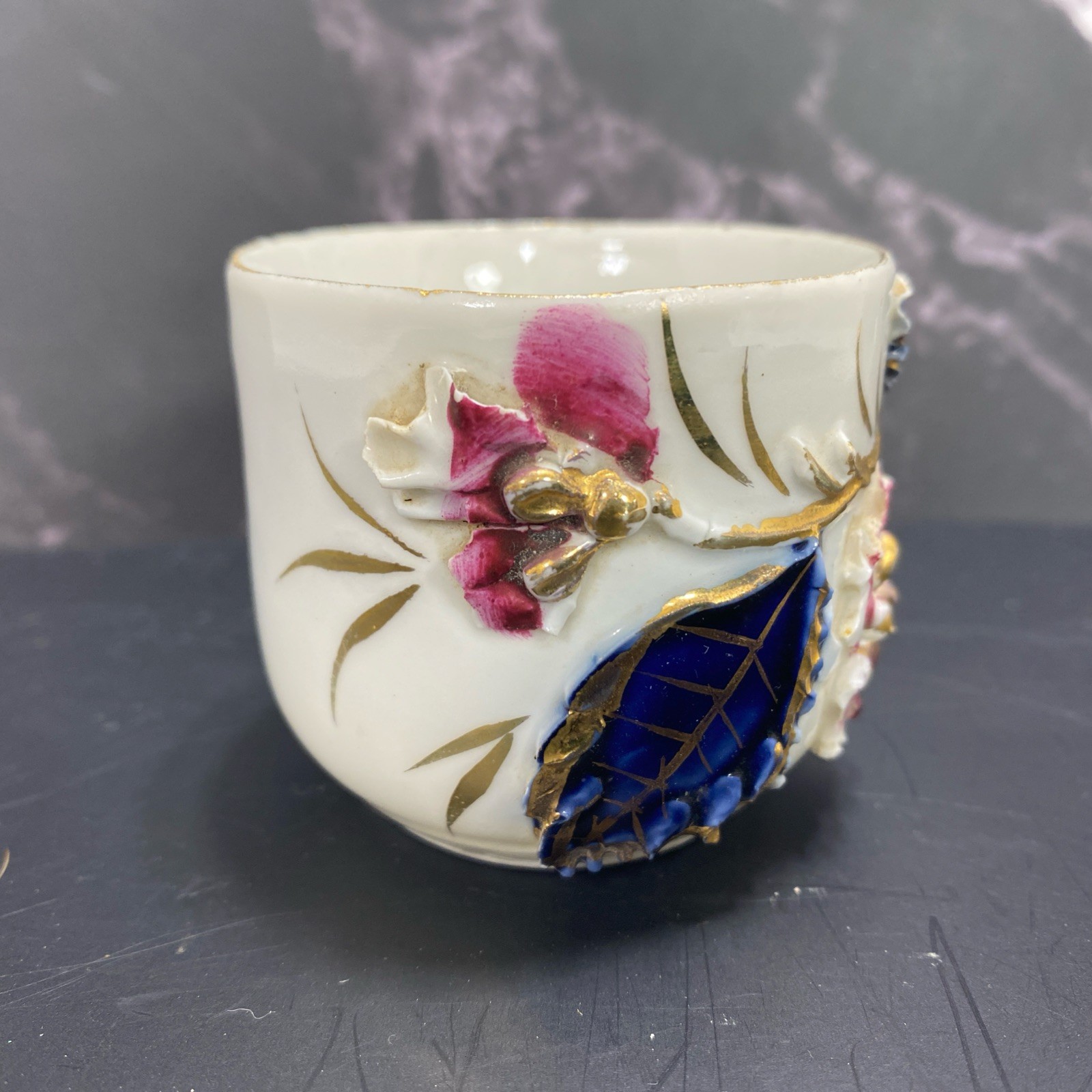 Antique Germany cobalt blue white gold rust Demitasse Cup applied Flowers Leaves
