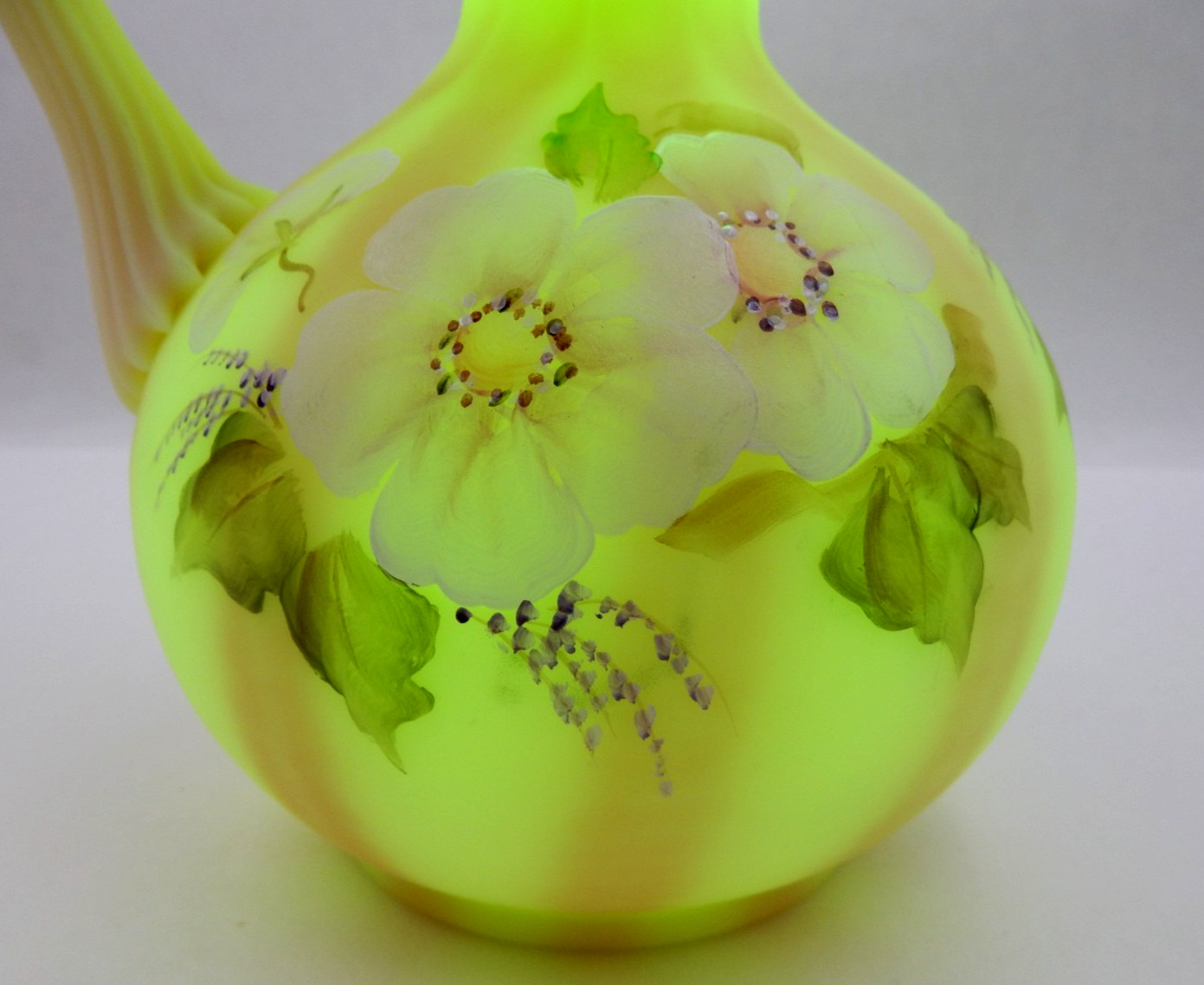 FENTON BURMESE URANIUM GLASS BILL FENTON 56 YEARS ANNIV. PITCHER, SIGNED, 6-1/2″