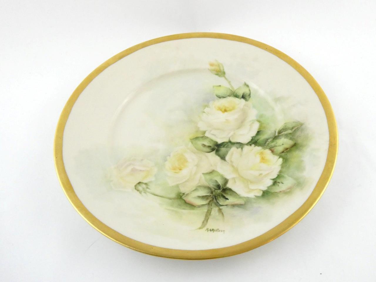 1970s Hand Painted Floral Porcelain 5 Pc Place Setting White Roses Signed VGOOD