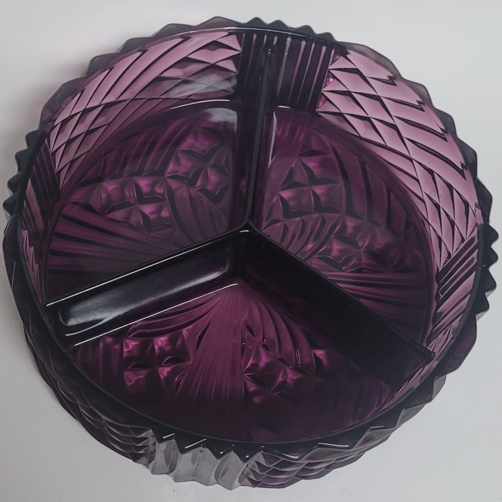 Vintage Viking Glass Amethyst Purple Divided Lidded Dish MCM Art Deco Style rare