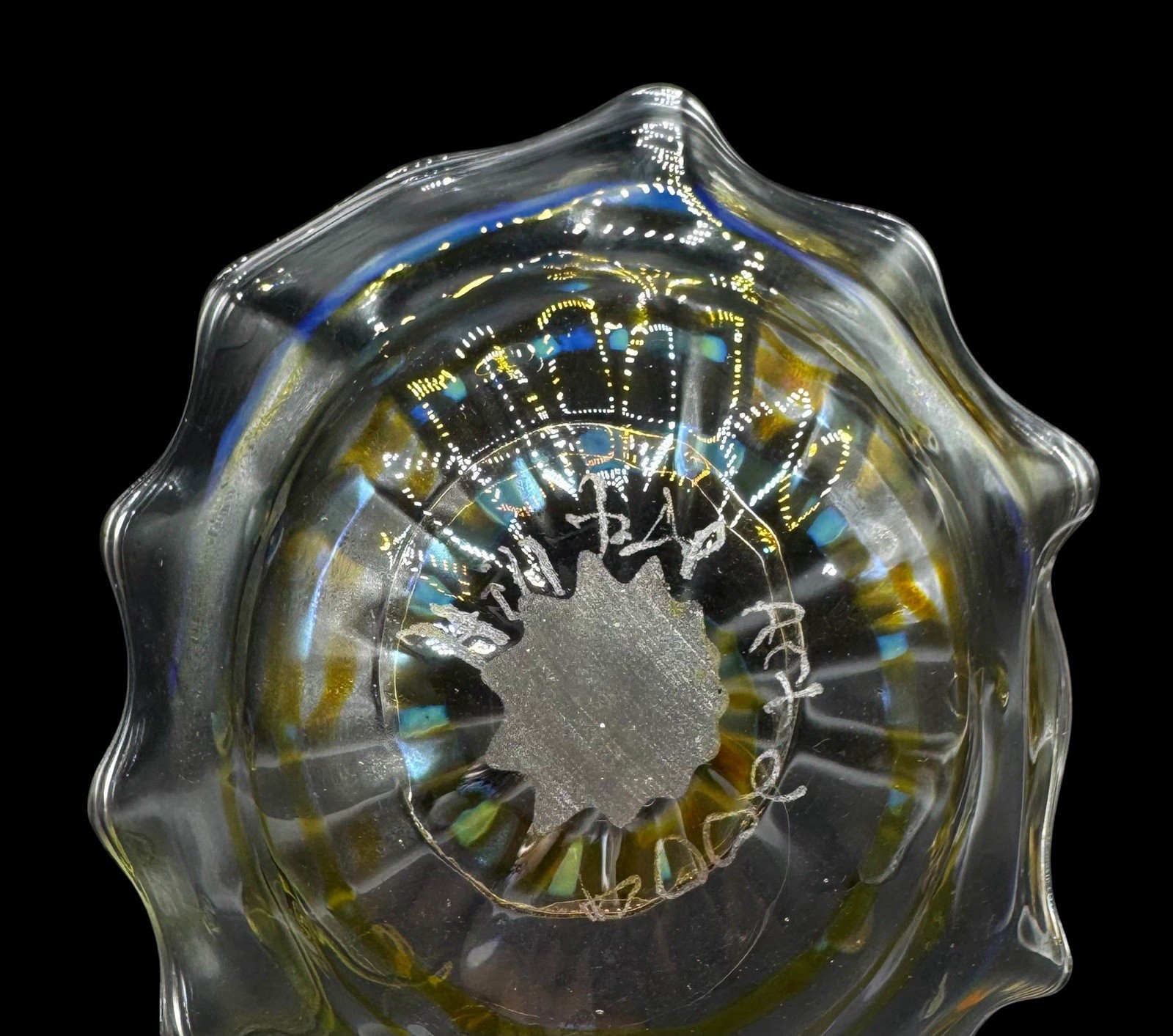 Signed Hilltop Studio Art Glass Ruffle Bowl Centerpiece Amber Clear Handblown