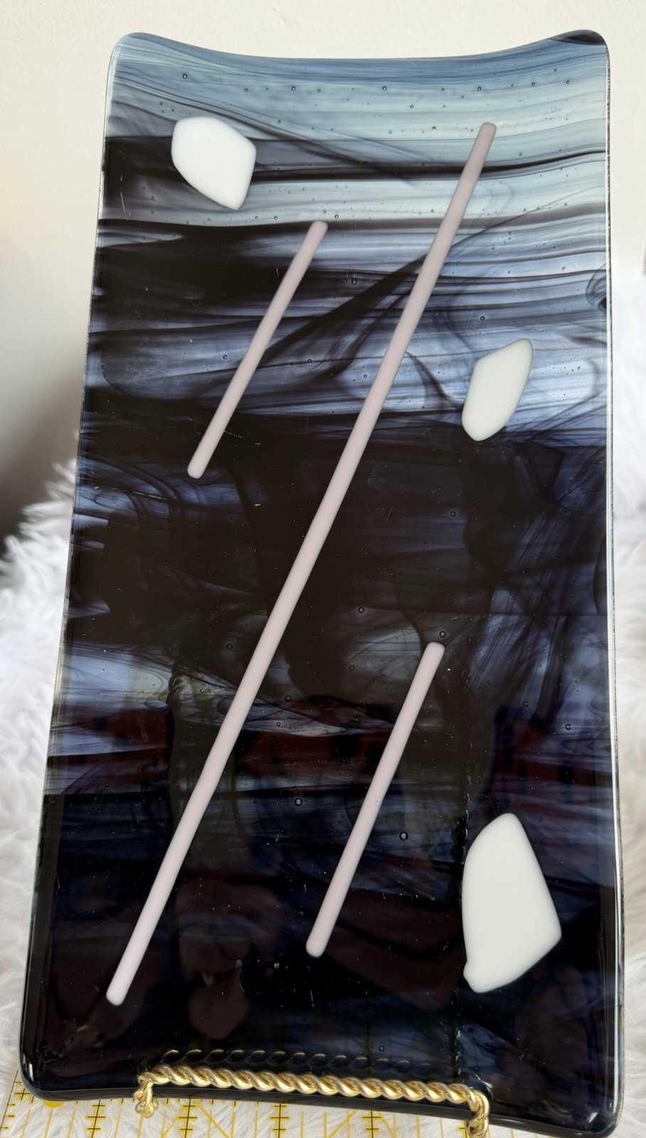 Abstract Fused Glass Rectangle Contemporary Smokey Black with White Fused 12×6”