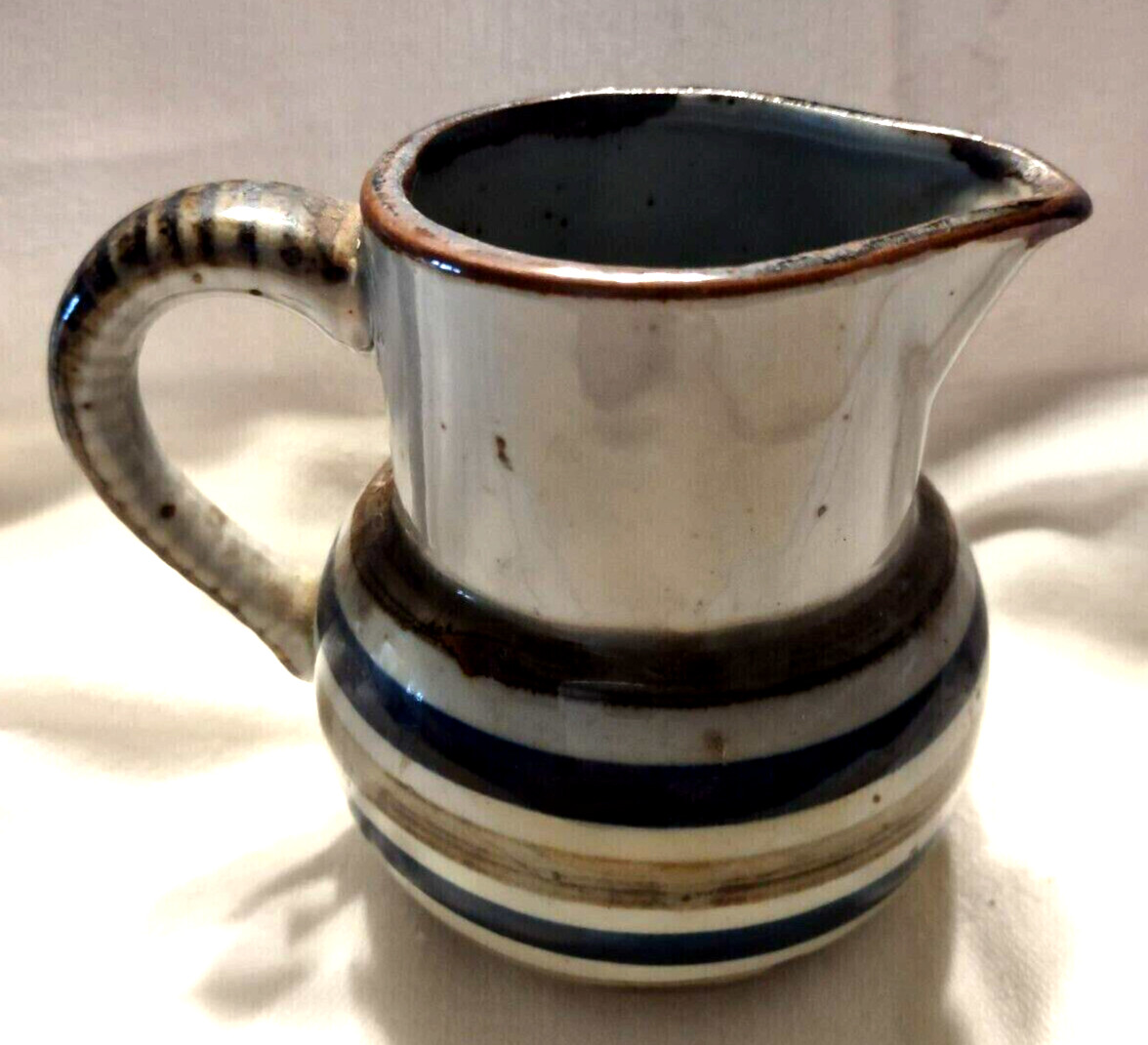 4″ Pottery Pitcher Ceramic Unmarked Grey Blue Brown Stripes Glaze Earthenware