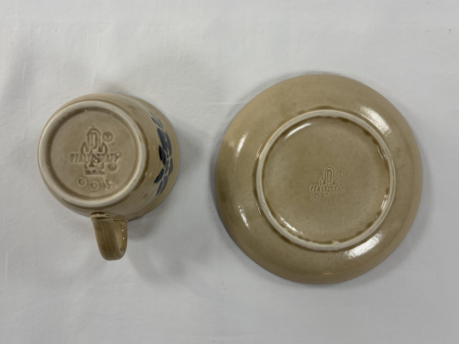 Vintage Pfaltzgraff Folk Art Stoneware Coffee Cup Saucer Set Tan Blue Floral