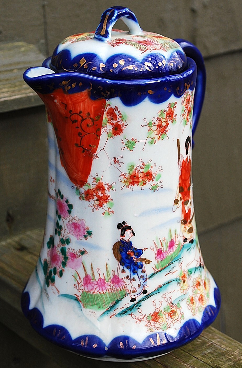 Antique Hand Painted Porcelain JAPANESE GEISHA SCENE Chocolate Pot w/ Lid COBALT