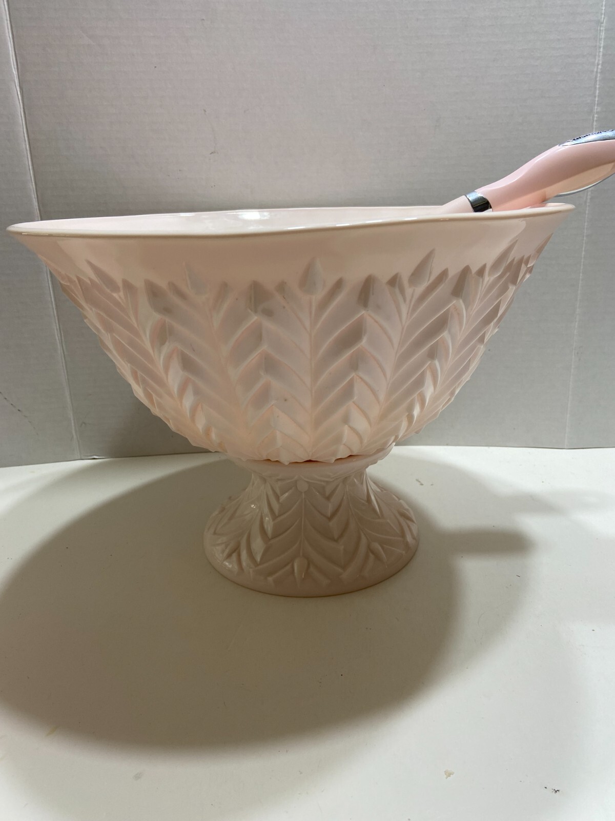 Jeannette Shell Pink Milk Glass Punch Bowl Set with Base and 12 cups Vtg 1950’s