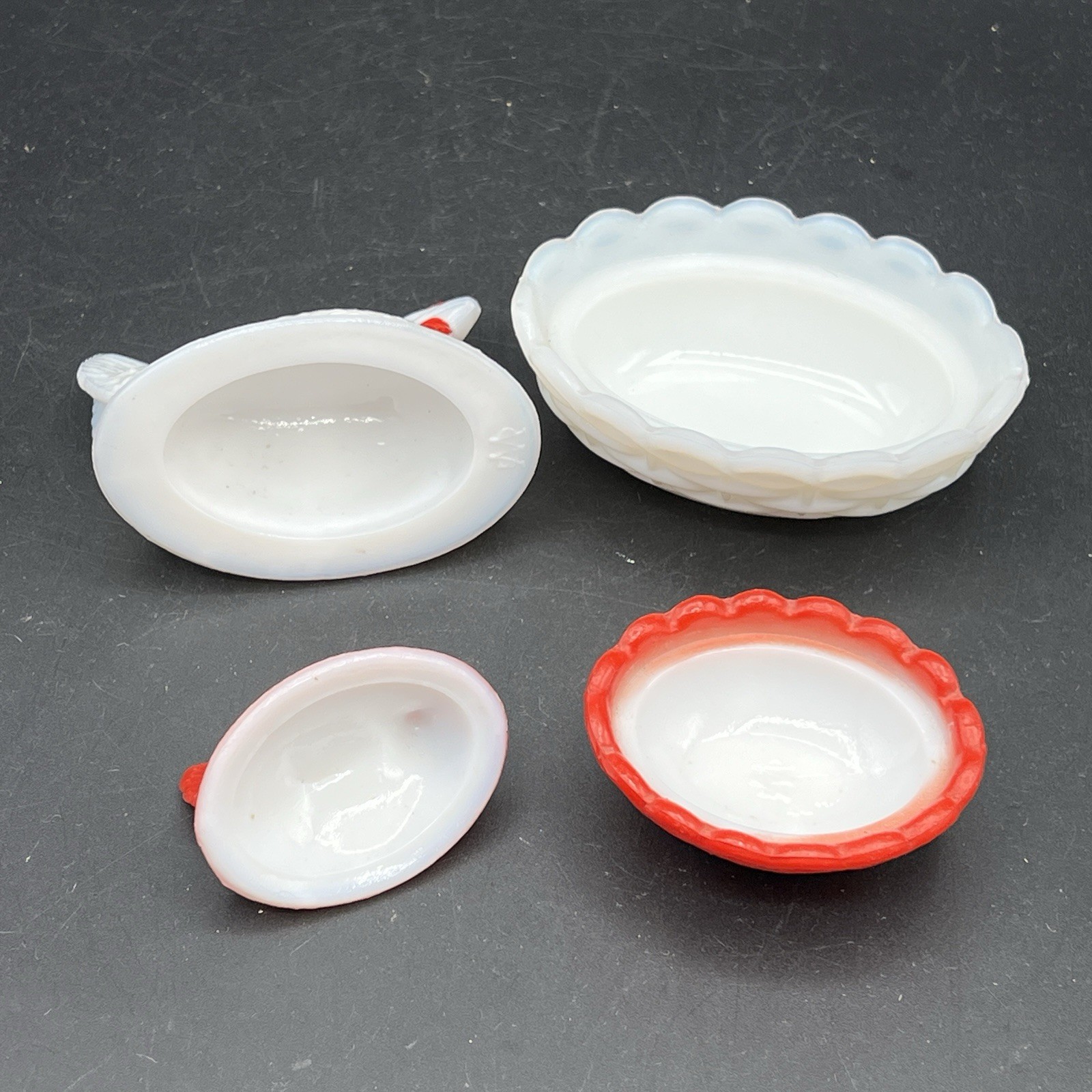 VTG Westmoreland Hen on Nest Covered Dish White Red Milk Glass Set Of 2
