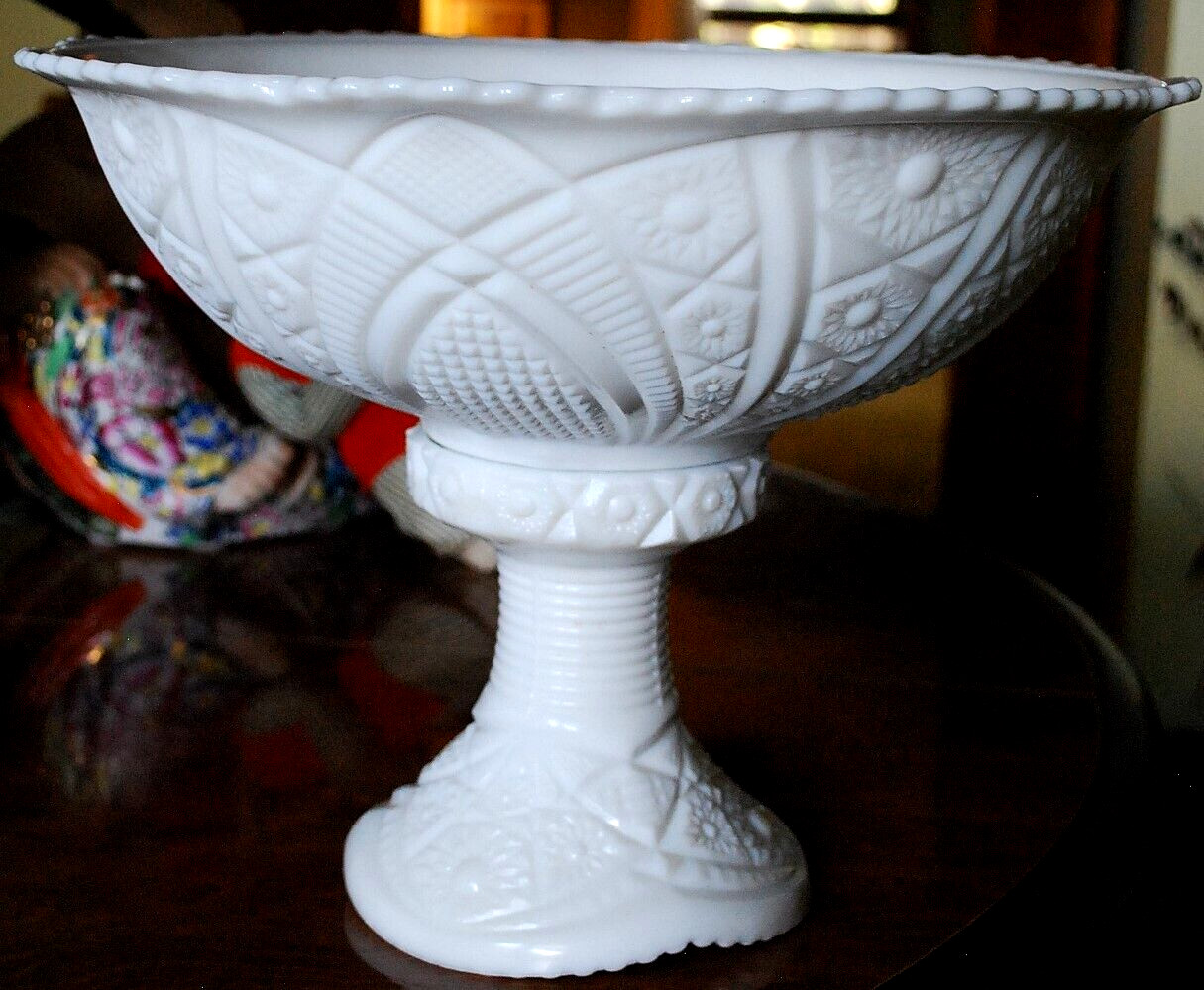 Vtg 1930s McKee THE CONCORD White Milk Glass PUNCH BOWL & PEDESTAL BASE SET 13″