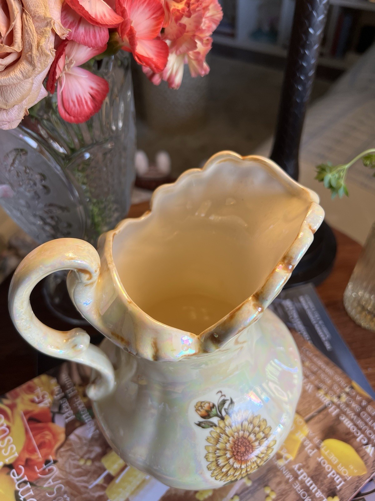 Vtg Iridescent Lusterware Ceramic Pitcher Yellow Dahlia Opalescent Swirl