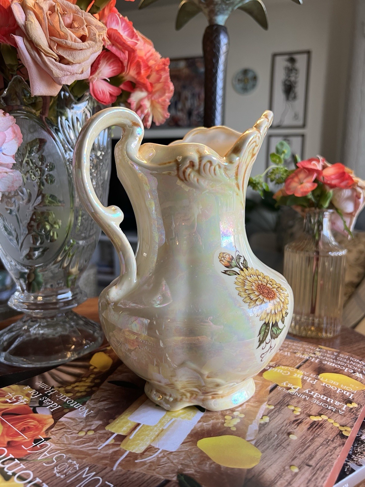 Vtg Iridescent Lusterware Ceramic Pitcher Yellow Dahlia Opalescent Swirl
