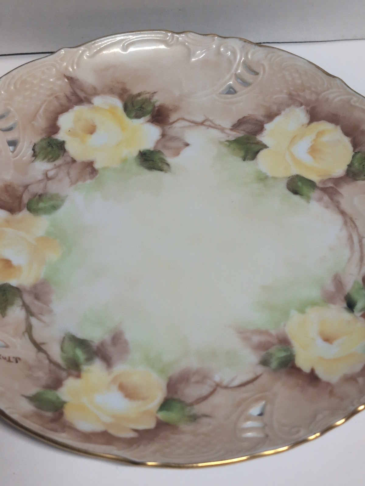 Vintage Hand Painted Plate Yellow Roses Gold Trim Pierced Rim Signed J Taylor 9”