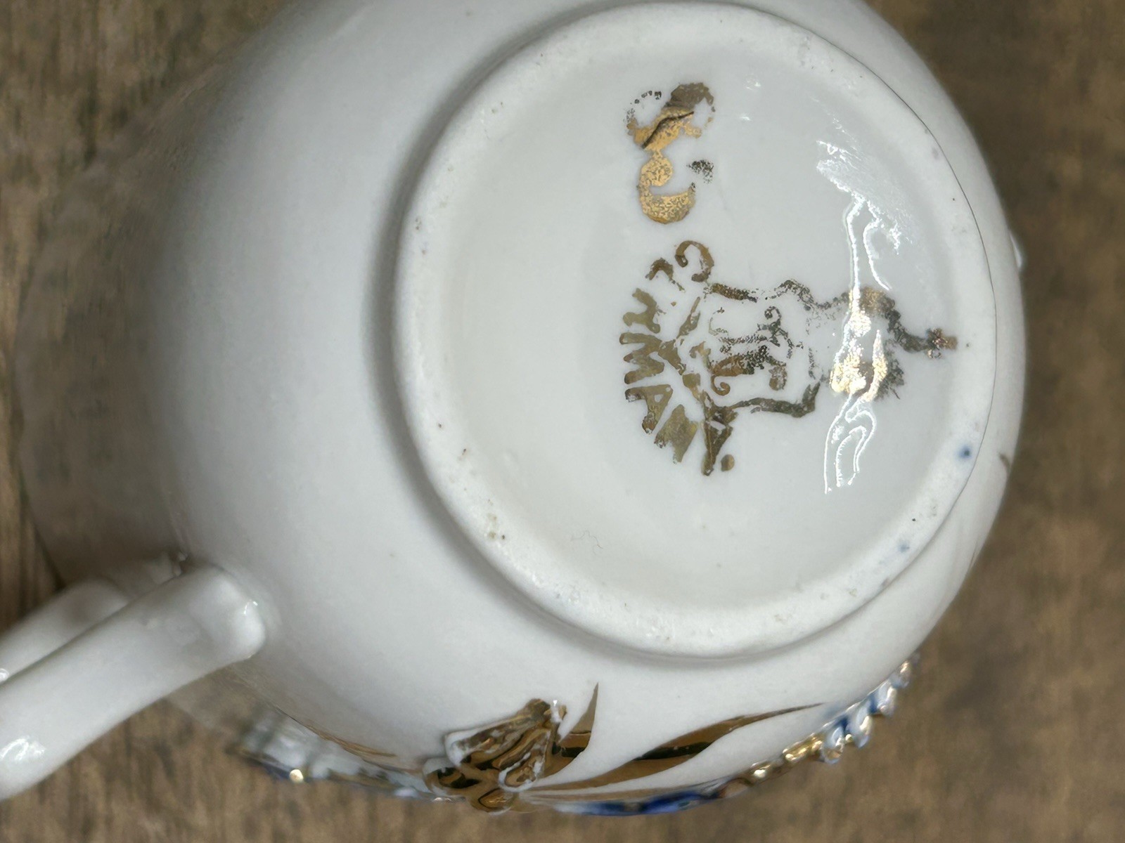Antique Germany cobalt blue white gold rust Demitasse Cup applied Flowers Leaves