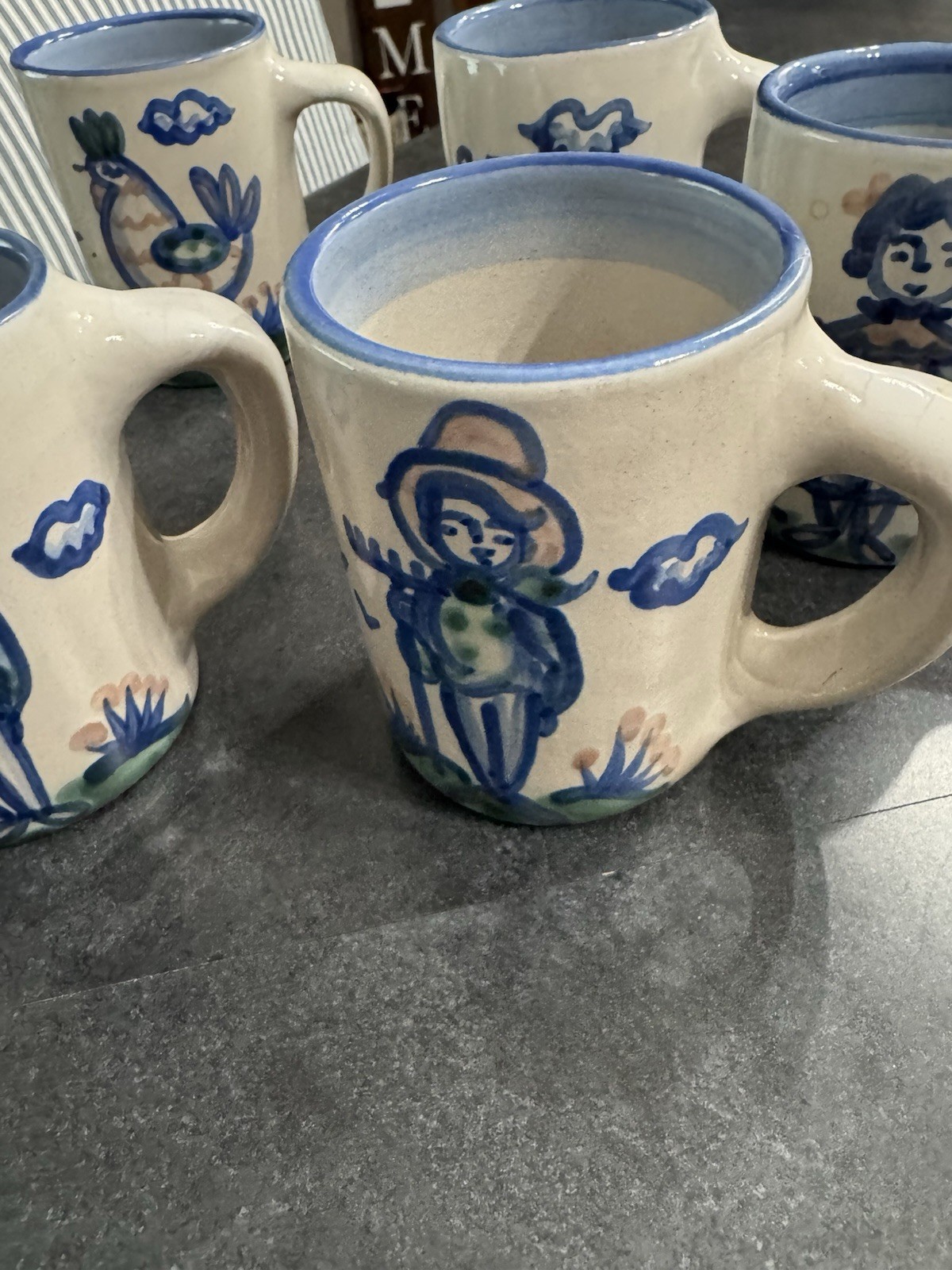 Set of 6 M.A. Hadley Pottery Mugs Hand-painted Blue Folk Art