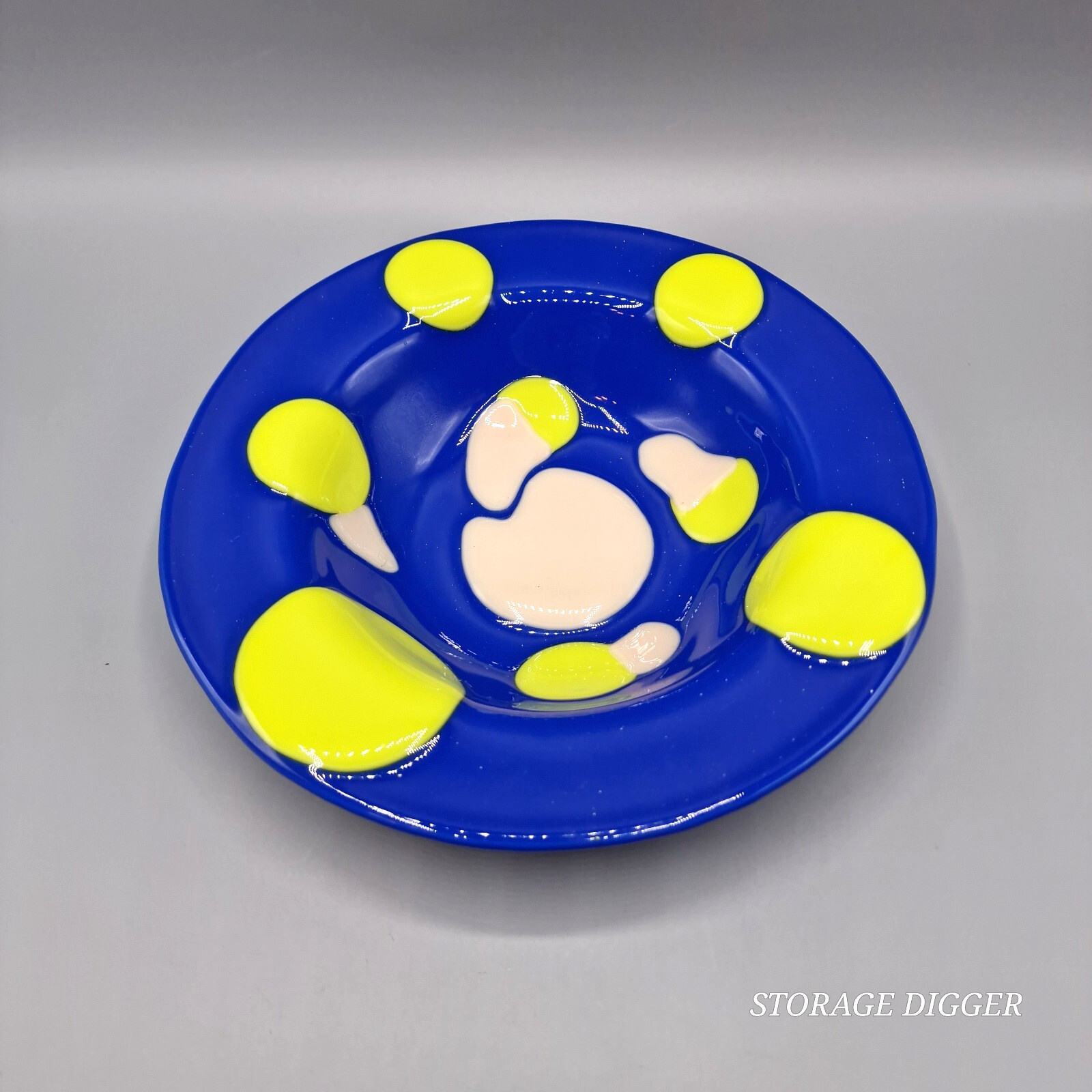 Vintage Glass Mac Studio 30144 Cobalt Blue Round Bowl Yellow & Pink Glaze Dots