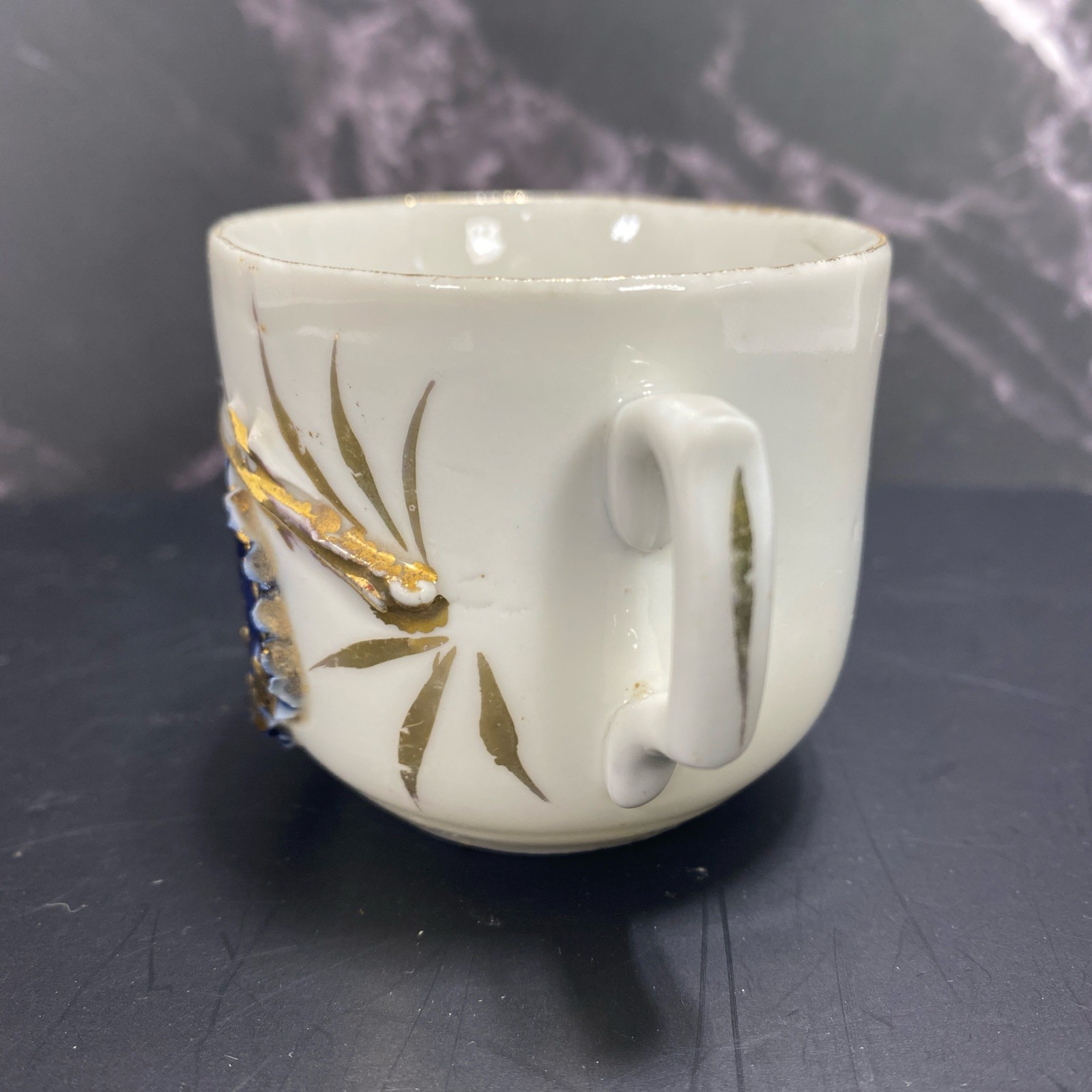 Antique Germany cobalt blue white gold rust Demitasse Cup applied Flowers Leaves