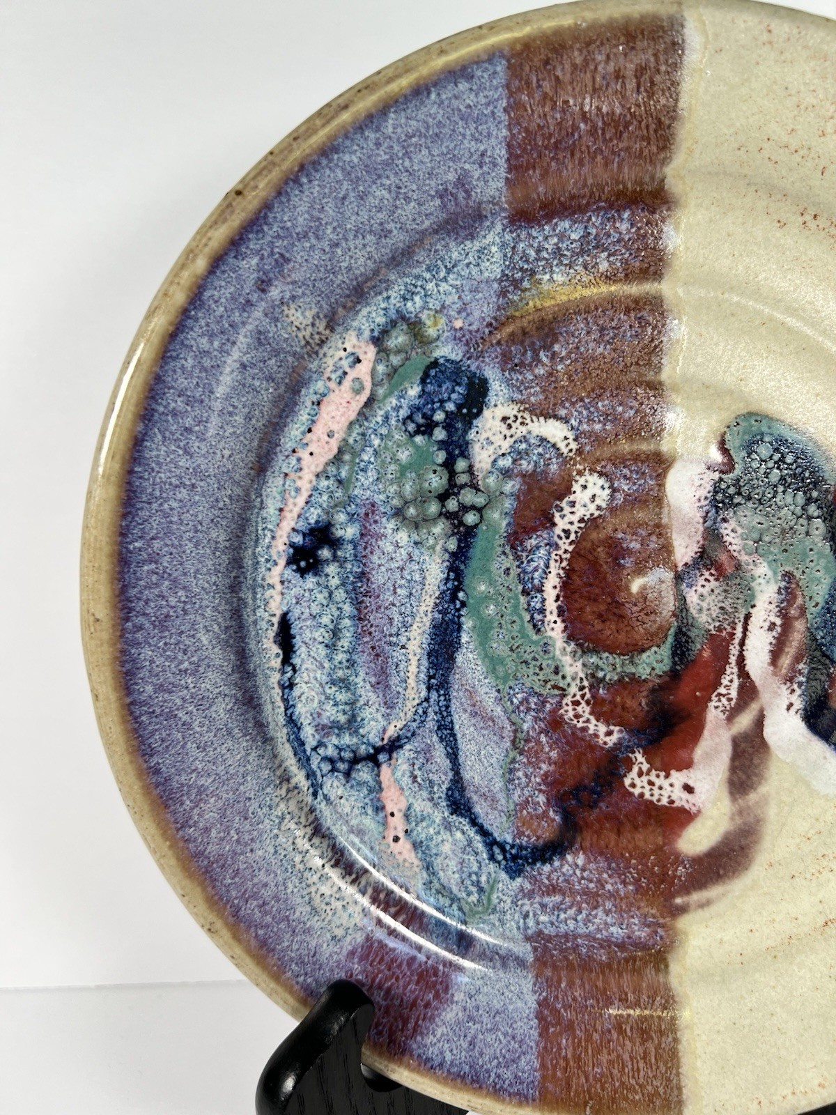 Bruce Larrabee Studio Pottery 9” Abstract Drip Glaze Signed UT Art Signed Plate