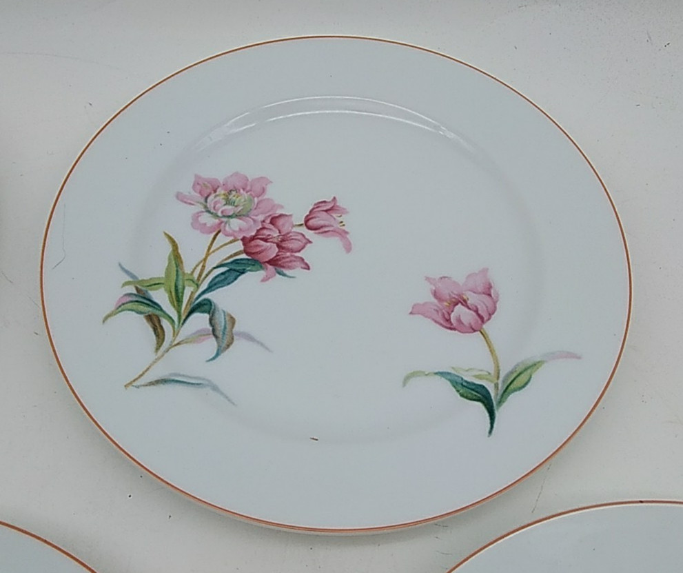 6 Noritake Pink Floral Salad or Dessert Plates White Pink Green Leaves Vintage