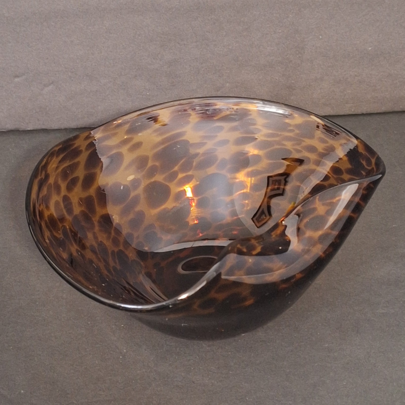 Art Glass Bowl Heart Tortoise Shell Amber Brown Marbled Leapard Design
