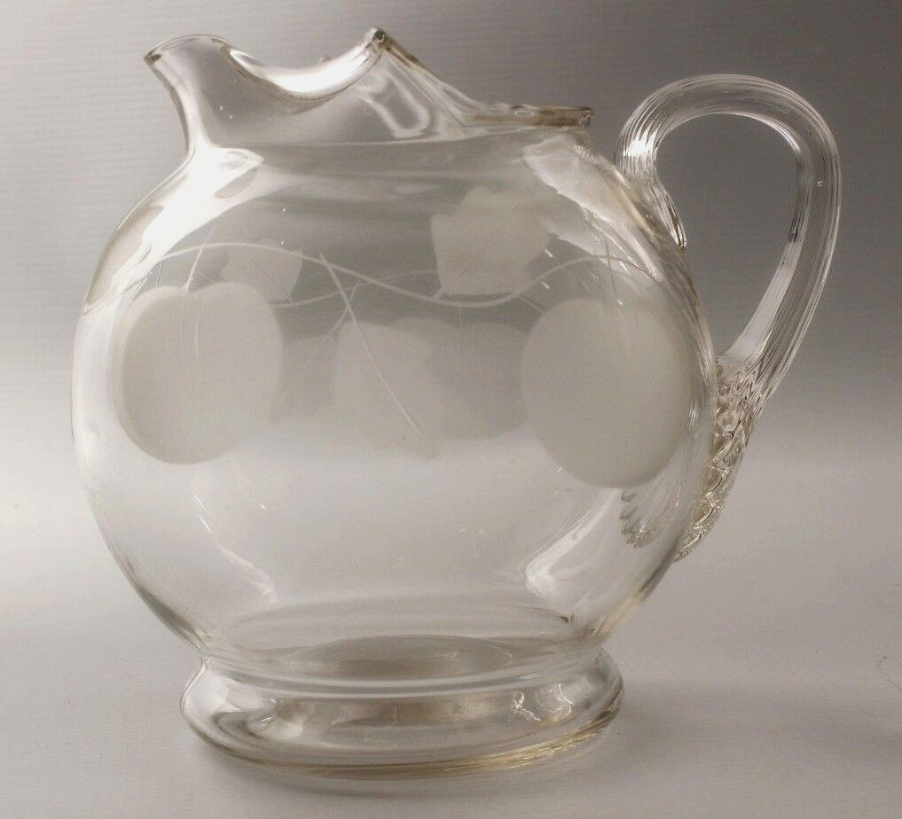 Ball Pitcher Etched Fruit and Leaves Ice Lip 6 Inches Diameter Minty Vintage